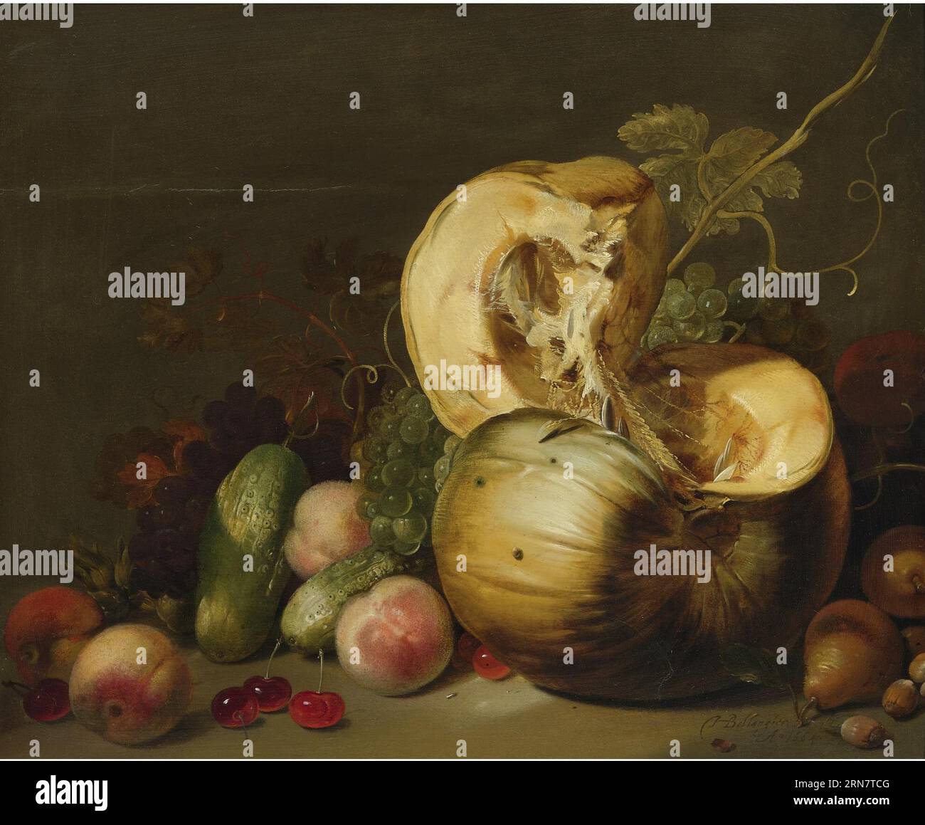 Nature morte avec citrouille, pêches, raisins, cerises et autres fruits 1664 par Hans Bollongier Banque D'Images