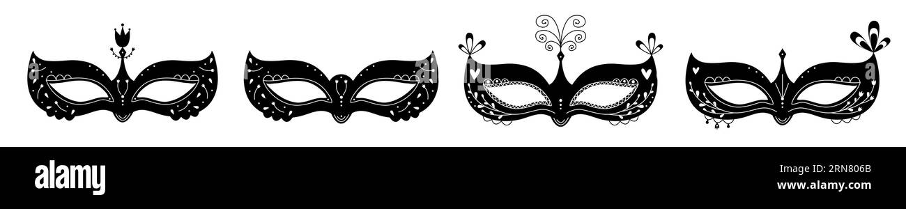 Masques de mascarade noir et blanc, ensemble d'illustrations, quatre articles Illustration de Vecteur