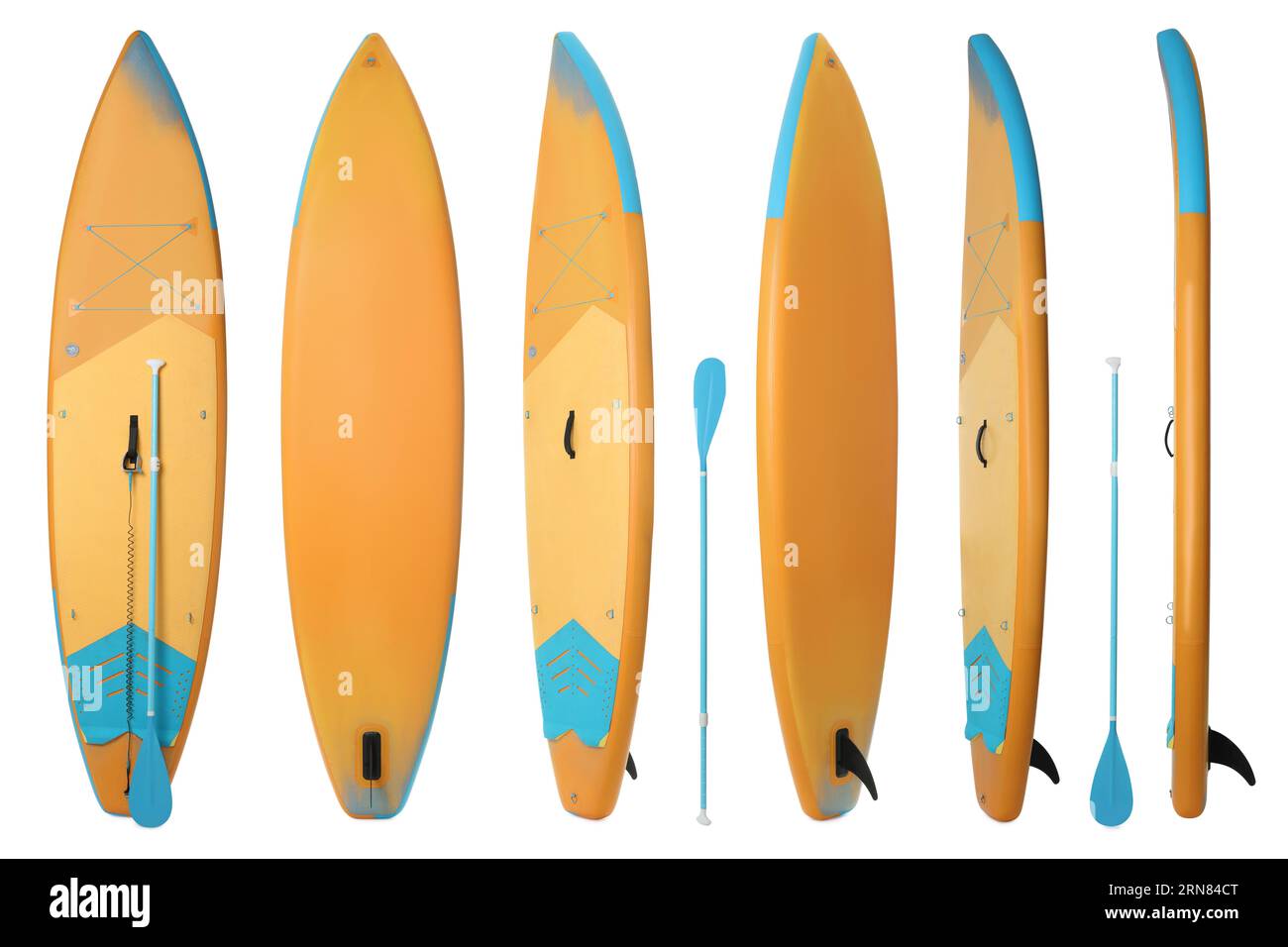 Collage avec planche SUP avec paddle isolé sur blanc, différents côtés Banque D'Images