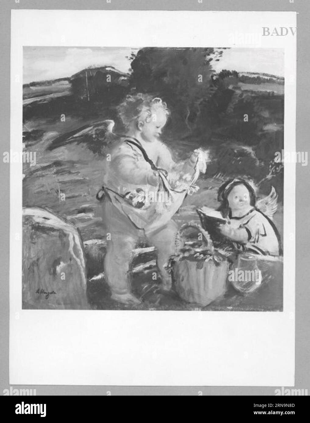 2 petits anges avec des fleurs dans un paysage circa 1888 par Adolf Hengeler Banque D'Images