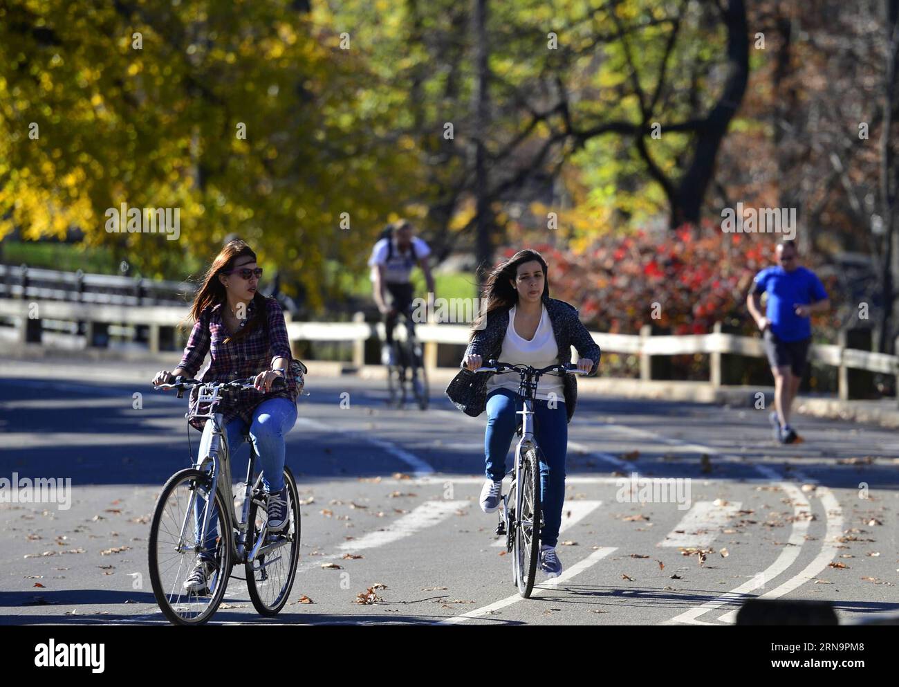 (151215) -- NEW YORK, 15 décembre 2015 -- deux femmes font du vélo au Central Park à New York, États-Unis, 15 décembre 2015. New York a établi un record pour le mois de décembre le plus chaud, avec certains résidents se dirigeant vers des shorts et des sandales quelques jours avant les vacances de Noël habituellement glaciales. Les températures devraient rester bien au-dessus de la moyenne saisonnière tout au long de la semaine, a déclaré le National Weather Service.) États-Unis-NEW YORK-MÉTÉO-HIVER CHAUD WangxLei PUBLICATIONxNOTxINxCHN 151215 New York déc. 15 2015 deux femmes font du vélo au Central Park à New York les États-Unis déc. 15 2015 New y Banque D'Images