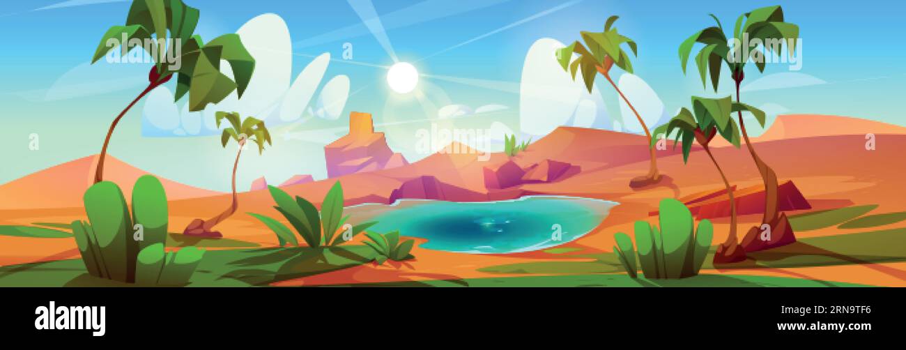 Oasis de désert de dessin animé avec lac et palmiers. Illustration vectorielle de paysage sablonneux avec dunes, plantes tropicales vertes, eau bleue dans l'étang, soleil chaud s Illustration de Vecteur