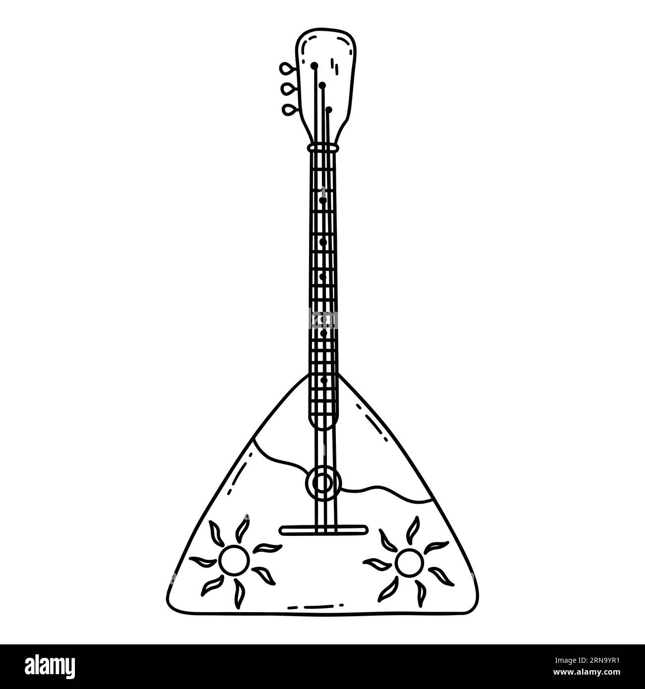 Balalaika. Instrument de musique folklorique russe. Culture traditionnelle russe. Imprimé soleil. Dessin à la main de l'illustration isolée en noir et blanc. IC Illustration de Vecteur