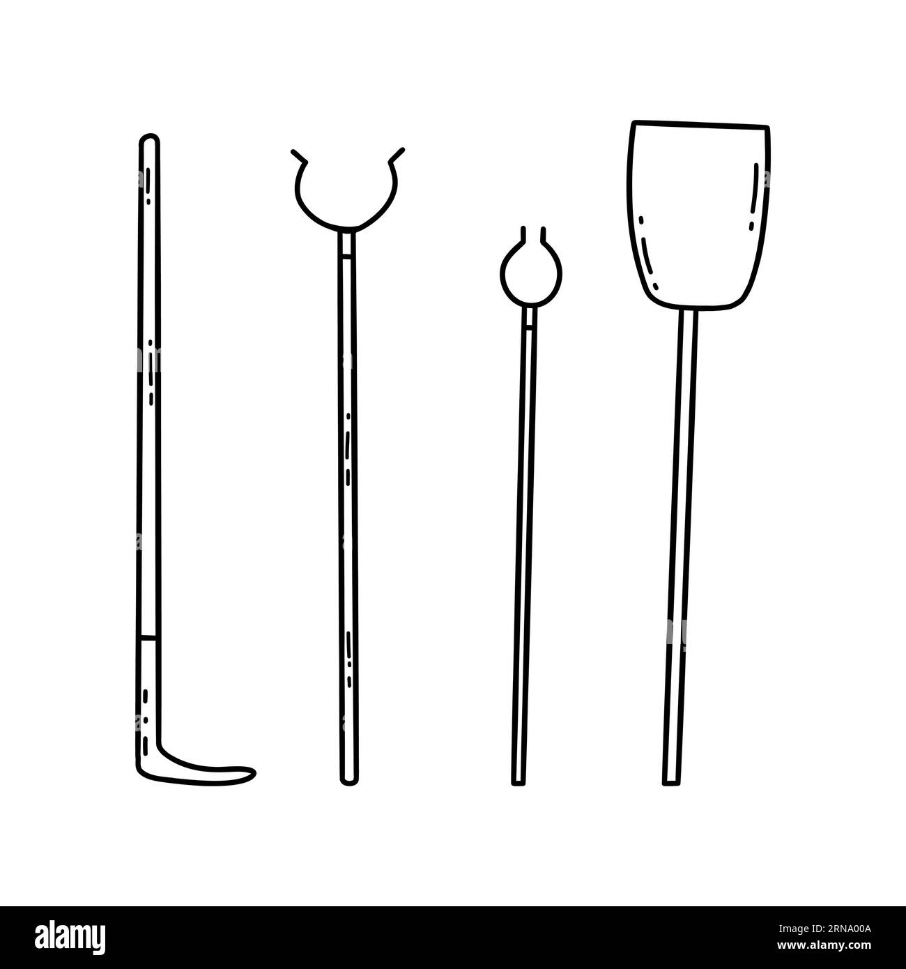 Ustensiles de cuisine pour le poêle russe dans le village. Fourchette et poker, pelle en bois. Outils à utiliser. Ancienne culture traditionnelle russe. Vect. Noir et blanc Illustration de Vecteur