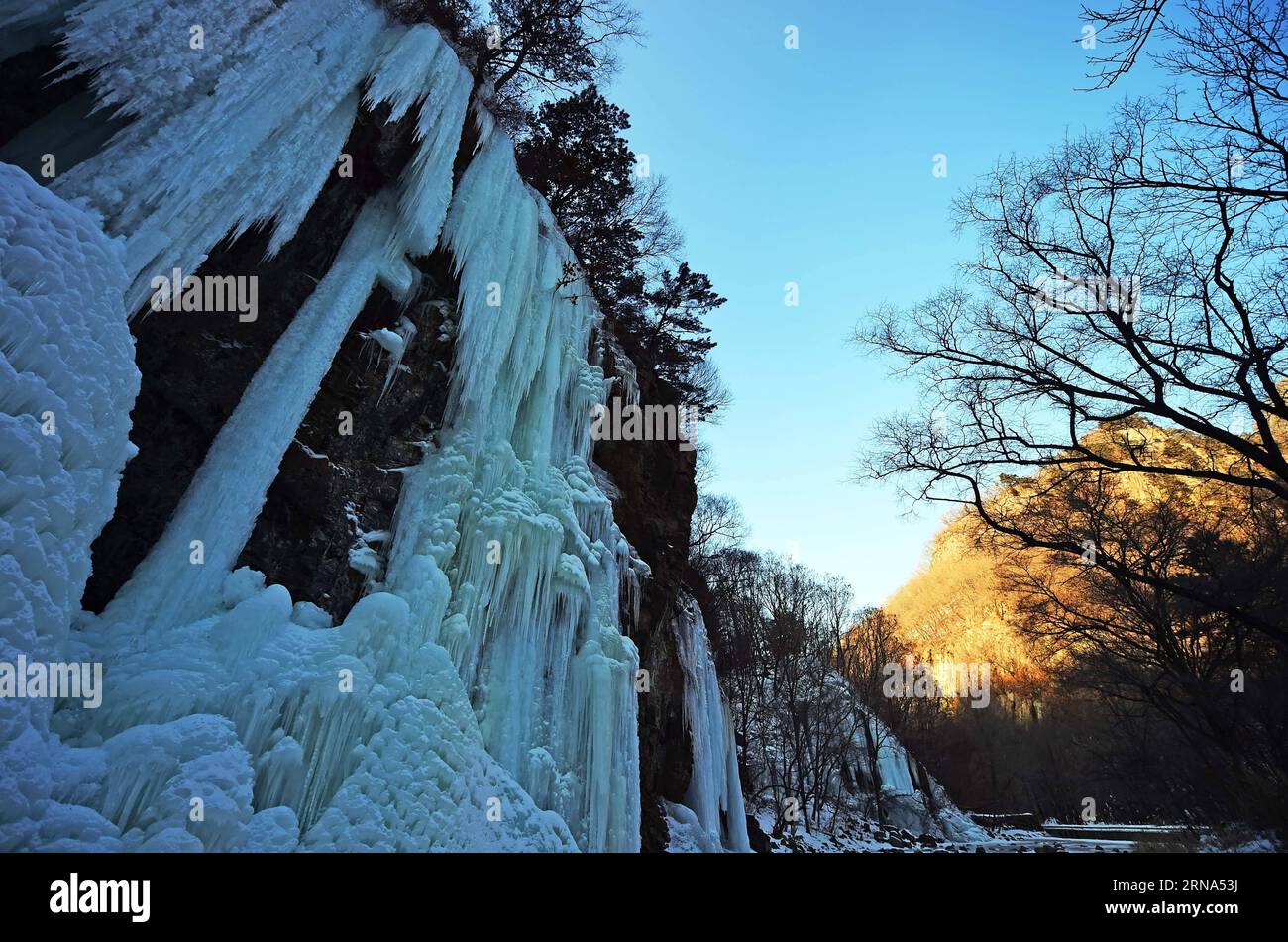 EIS-Wasserfälle im Nordosten Chinas (160107) -- BENXI, le 6 janvier 2016 -- la photo prise le 6 janvier 2016 montre le paysage de cascades glacées au point pittoresque de la montagne Guanmen dans la ville de Benxi, dans la province du Liaoning au nord-est de la Chine. Les cascades de glace ici ont attiré un bon nombre de touristes.) (lfj) CHINA-LIAONING-ICY FALLS (CN) YangxQing PUBLICATIONxNOTxINxCHN Ice Waterfalls dans le nord-est de la Chine 160107 Benxi Jan 6 2016 photo prise LE 6 2016 janvier montre le paysage des chutes d'eau glacées AU Guanmen Mountain Scenic Spot dans la ville de Benxi Nord-est Chine S Liaoning province Icy Water Falls ici a attiré un bon MA Banque D'Images