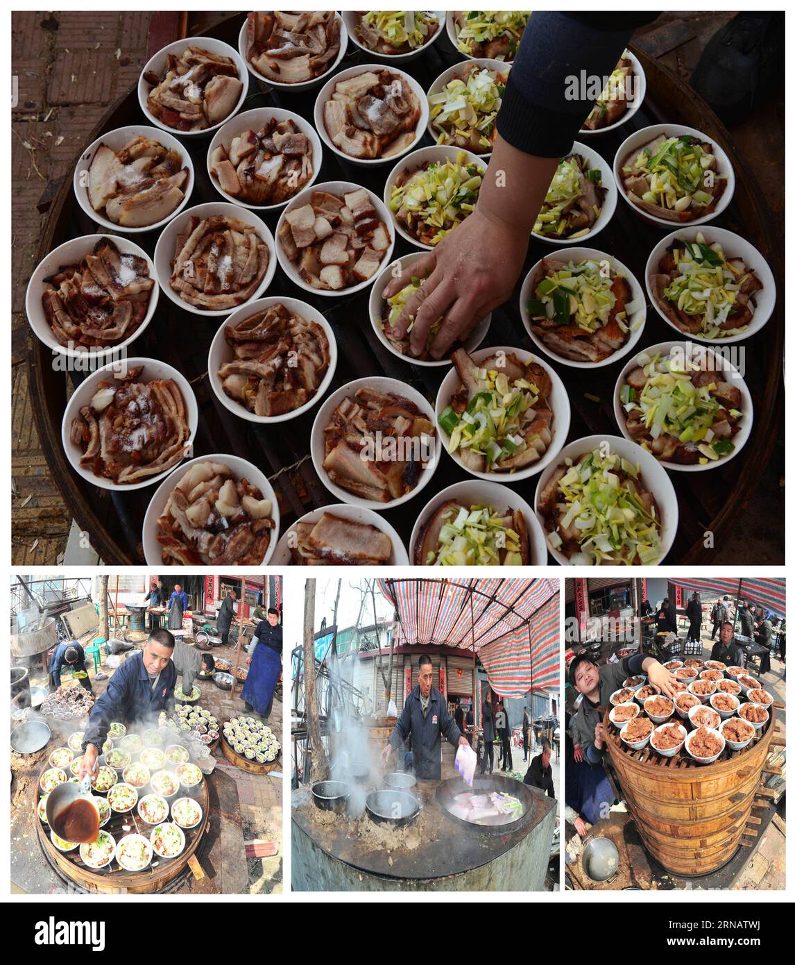 (160207) -- SHIJIAZHUANG, Feb. 7, 2016 -- Combined photo taken on March 30, 2013 shows Songji eight bowls including four vegetable dishes and four meat dishes in Shijiazhuang, north China s Hebei Province. Various traditional Chinese dishes are made all around the country to celebrate the Year of the Monkey which falls on Feb. 8, 2016. ) (mp) CHINA-NEW YEAR-FOOD DongxYongbo PUBLICATIONxNOTxINxCHN Shijiazhuang Feb 7 2016 Combined Photo Taken ON March 30 2013 Shows Songji Eight Bowls including Four Vegetable Dishes and Four Meat Dishes in Shijiazhuang North China S Hebei Province Various Tradi Banque D'Images