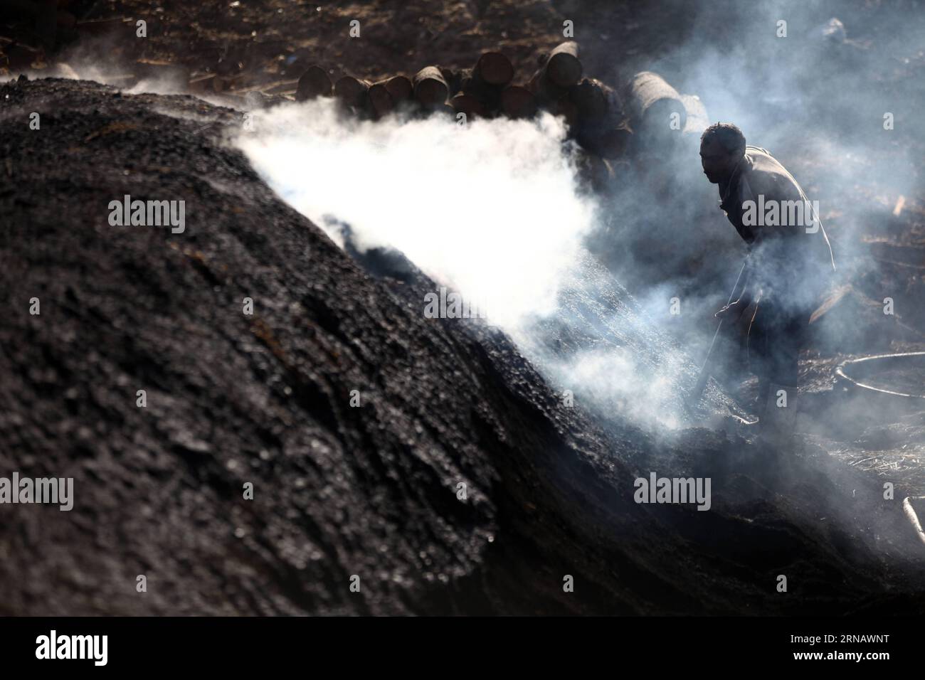 Un ouvrier égyptien du charbon travaille dans une usine de charbon de bois à Sharqia, en Égypte, le 7 février 2016. Il y avait environ 300 usines de charbon en Egypte avec plus de 5 000 travailleurs employés. Mais le gouvernement égyptien en ferme maintenant beaucoup pour réduire la pollution environnementale causée par les unités industrielles de charbon de bois. )(zhf) EGYPTE-SHARQIA-PRODUCTION DE CHARBON AhmedxGomaa PUBLICATIONxNOTxINxCHN à l'ouvrier égyptien du charbon travaille DANS une usine de charbon à Sharqia Egypte LE 7 2016 février il y avait environ 300 usines de charbon en Egypte avec plus de 5 000 travailleurs employés, mais le gouvernement égyptien EST N. Banque D'Images