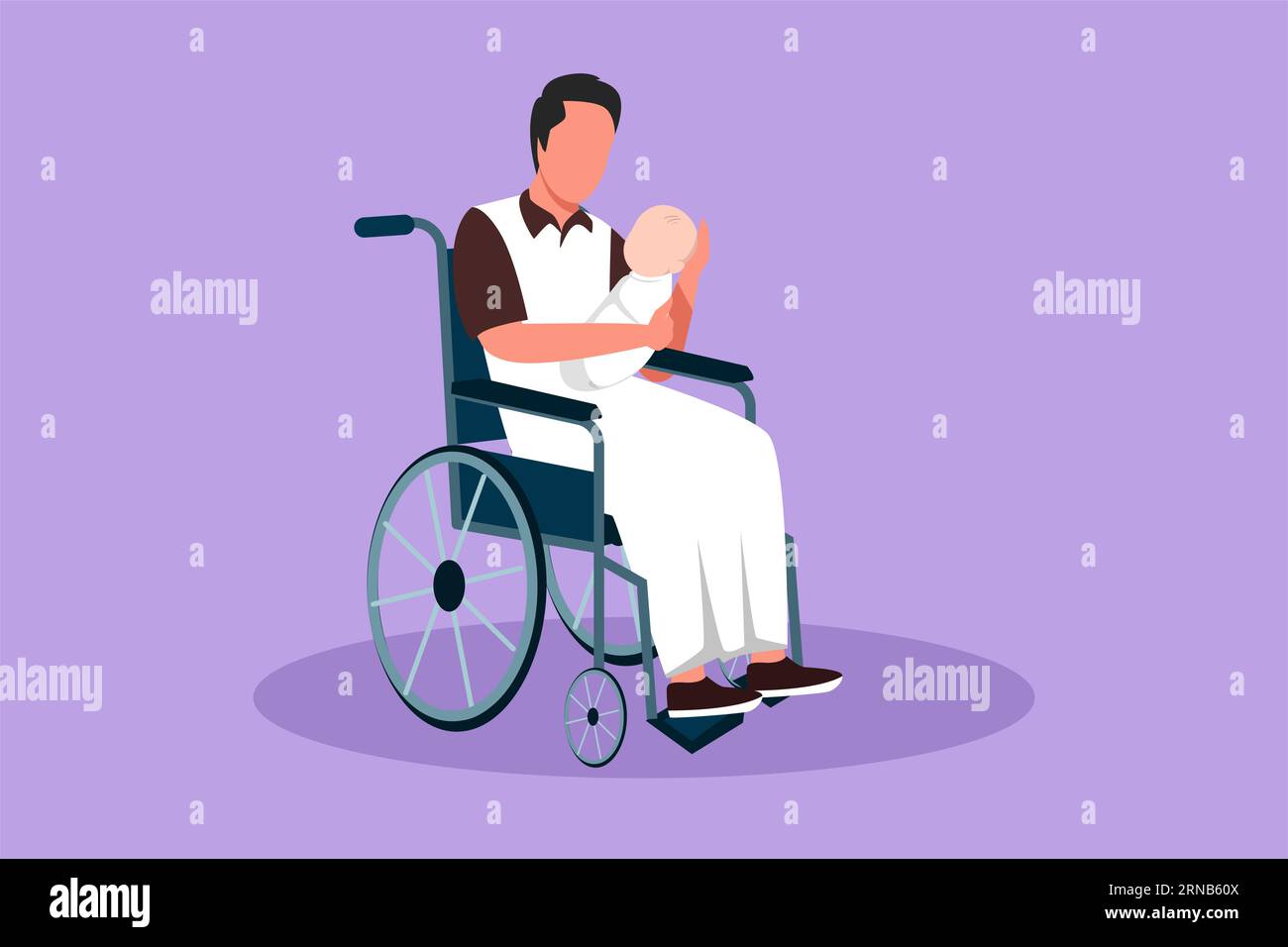 Dessin à plat de caractères de parents avec bébé nouveau-né. Heureux mâle arabe tenir bébé, assis en fauteuil roulant. Homme handicapé tenant bébé dans ses bras. Famil Banque D'Images