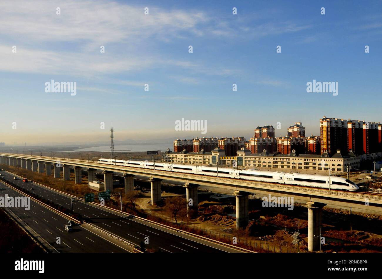 La photo prise le 1 décembre 2012 montre un train à grande vitesse au départ de Dalian sur le chemin de fer à grande vitesse Harbin-Dalian, dans la province du Liaoning du nord-est de la Chine. La construction de plus de chemins de fer à grande vitesse a été un sujet brûlant lors des sessions annuelles des législatures provinciales et des organes consultatifs politiques de la Chine qui se sont tenues intensivement en janvier. La Chine possède le plus grand réseau ferroviaire à grande vitesse au monde, avec une longueur totale d exploitation atteignant 19 000 km à la fin de 2015, soit environ 60 pour cent du total mondial. Le réseau ferroviaire à grande vitesse en pleine expansion offre une commodité et un confort sans précédent aux voyageurs et aux boo Banque D'Images
