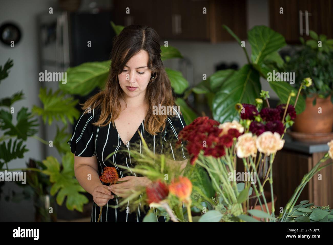 Photo candide de femme faisant bouquet de fleurs Banque D'Images