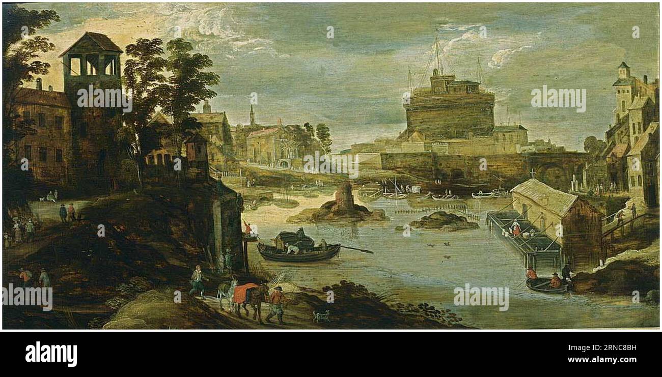 Rome : vue du Castel Sant'Angelo, du Ponte d'Angelo et du Tibre au premier plan entre 1620 et 1675 par Philips de Momper (I) Banque D'Images