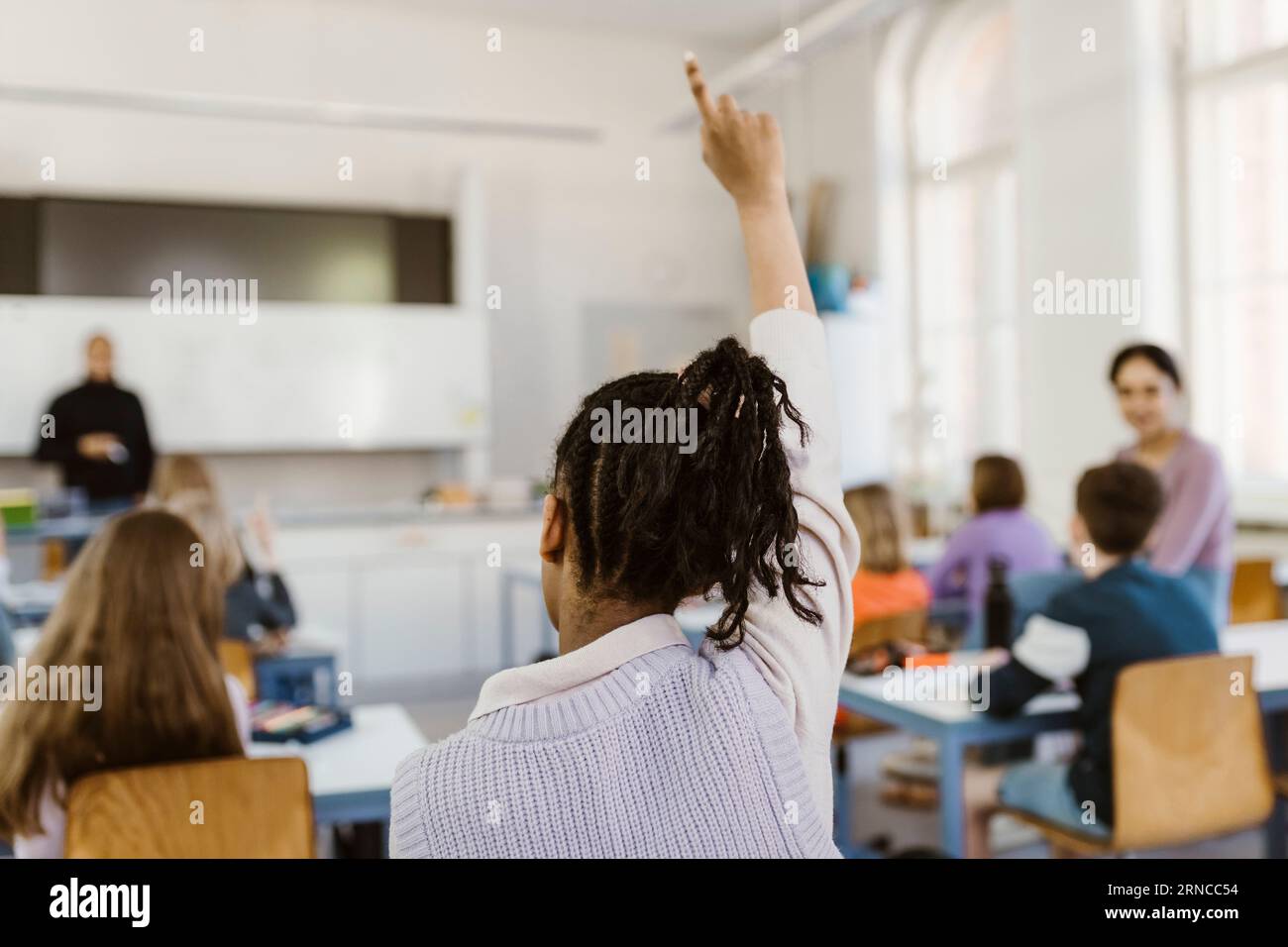 Vue arrière d'une étudiante levant la main pendant le cours en classe Banque D'Images