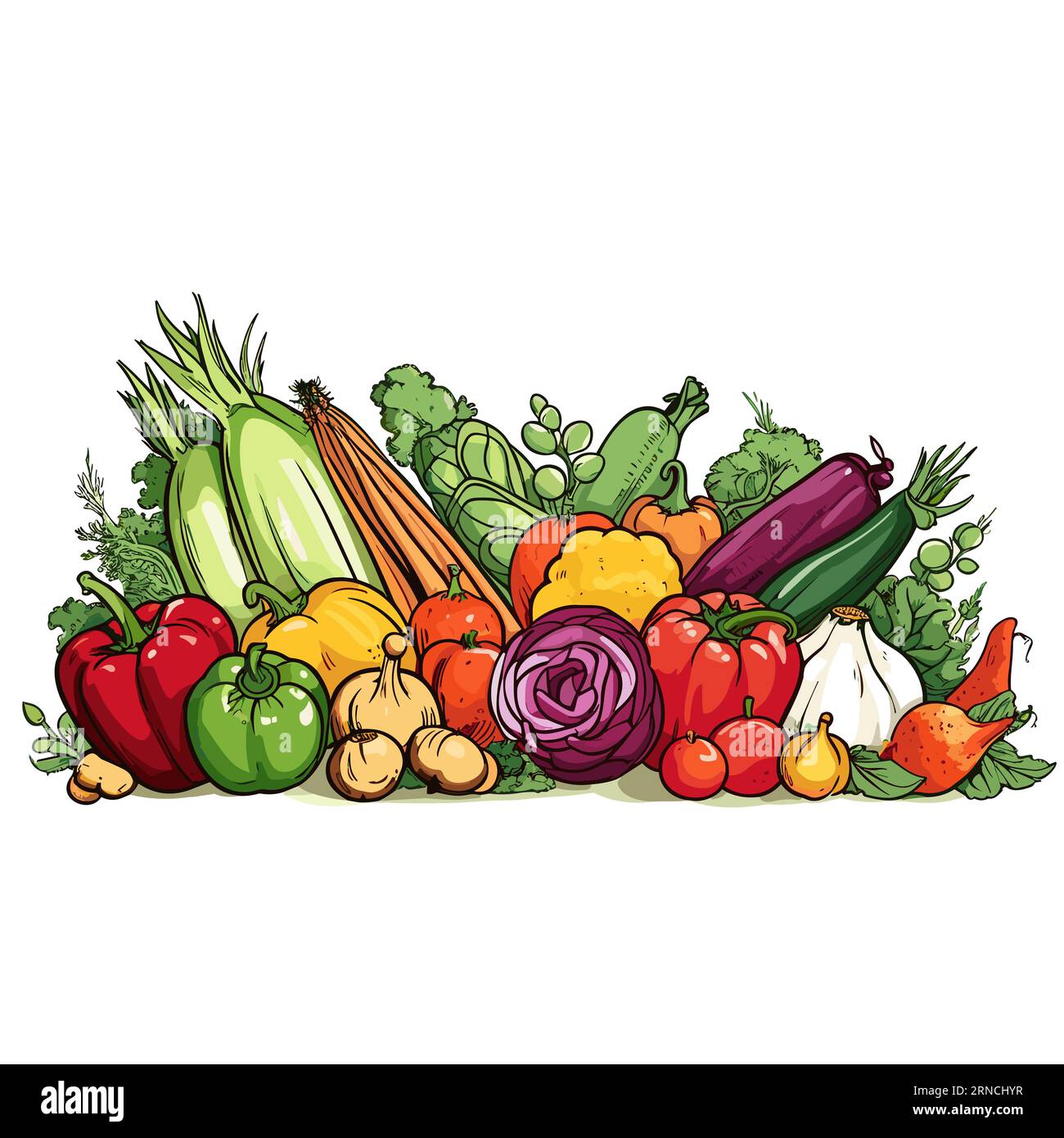 Un bouquet de légumes différents sont placés sur Un fond blanc, dans le style de cartoonish vibrant, des bordures élaborées, des couleurs vives, des lignes fortes Illustration de Vecteur