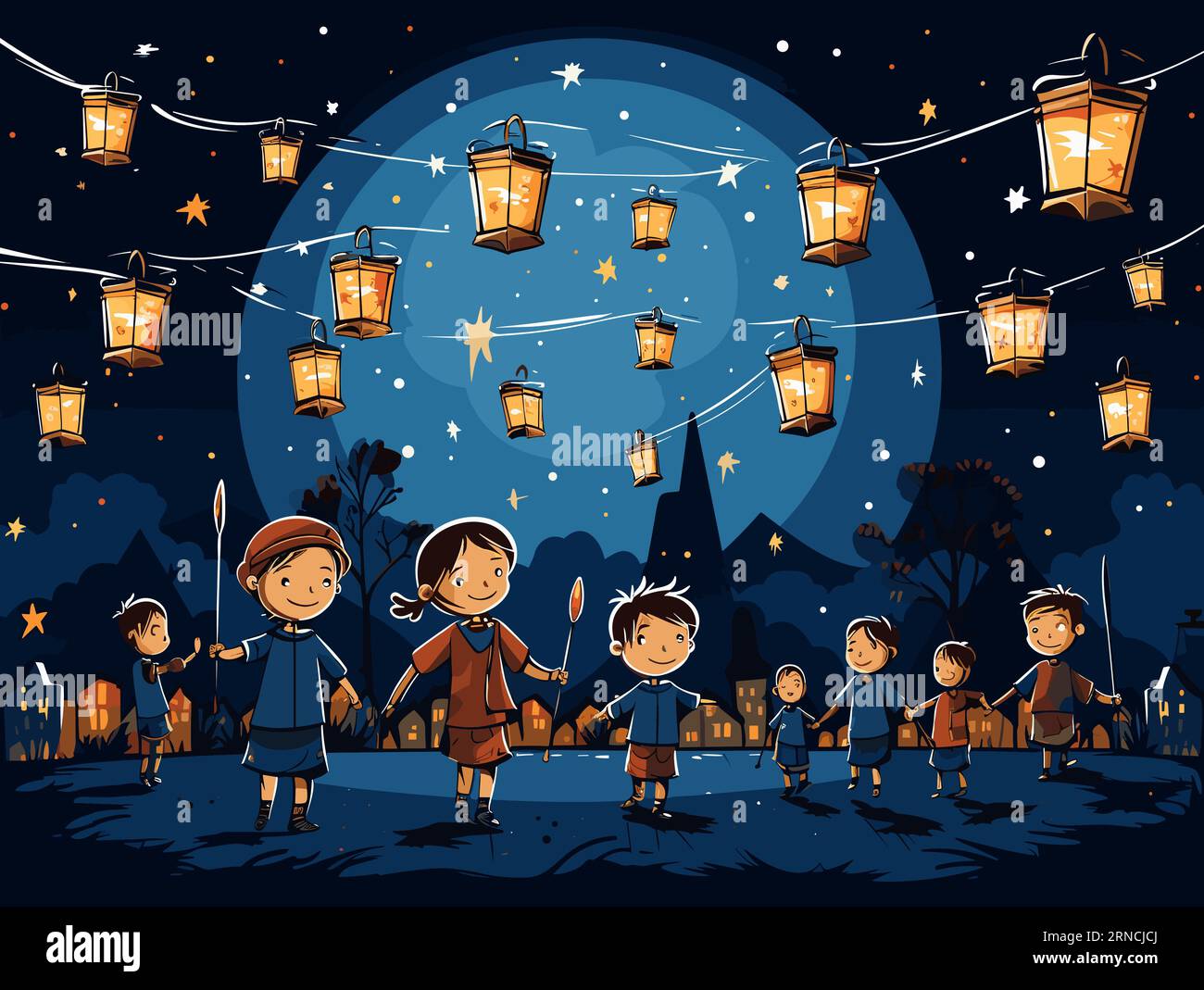 Enfants dansant avec des lanternes sous Un ciel Moonlit, dans le style de la conception détaillée des personnages, Marine légère, Transavanguardia, costumes détaillés, Villag Illustration de Vecteur