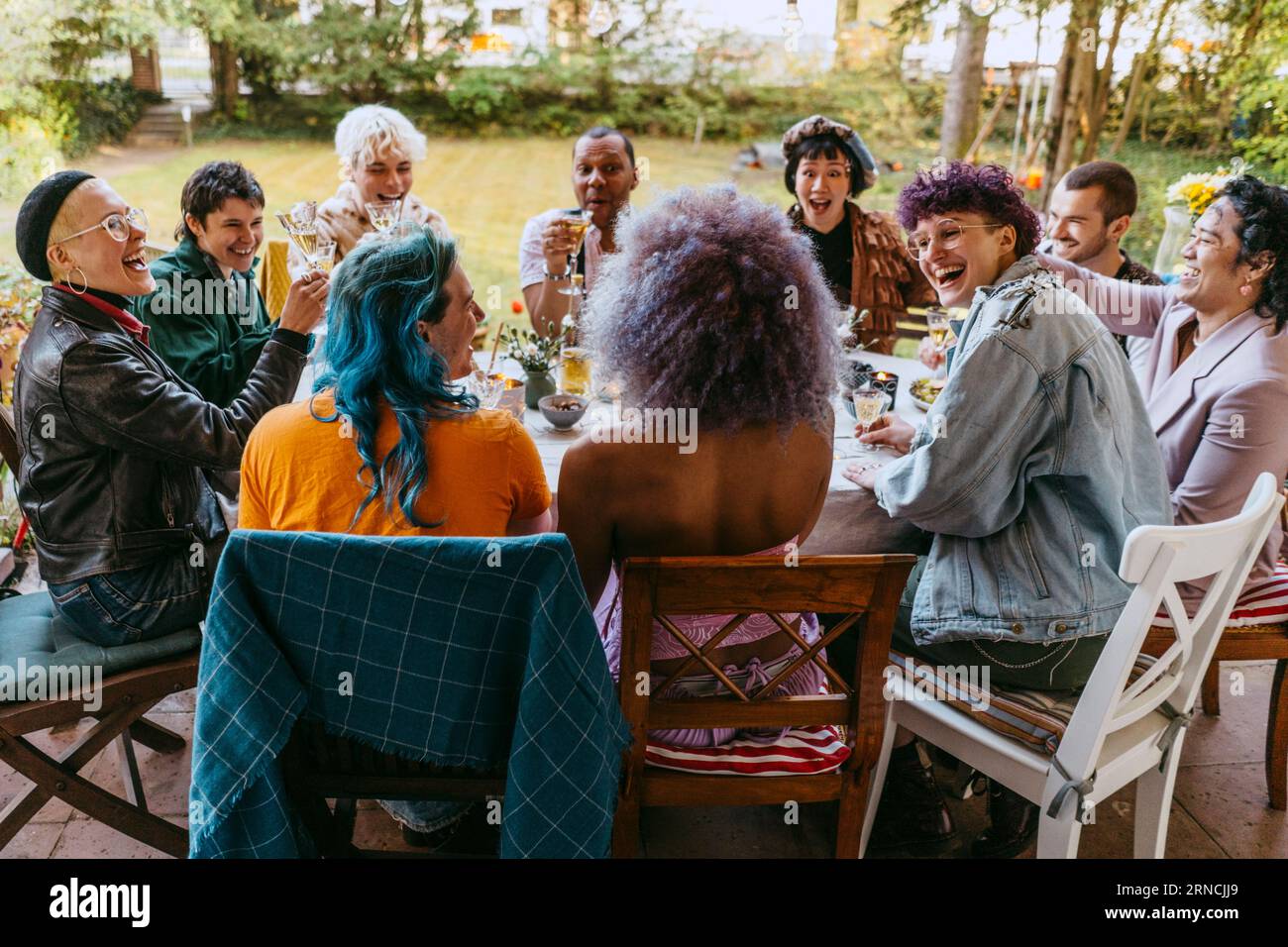 Heureux amis de la communauté LGBTQ acclamant pendant le dîner dans la cour arrière Banque D'Images