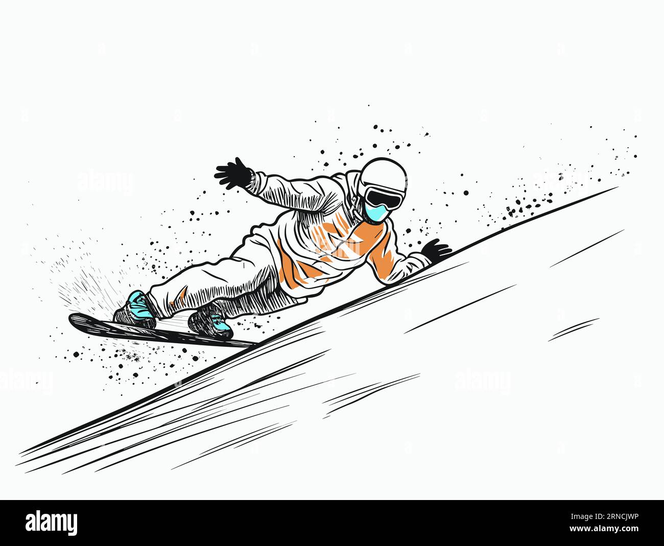 Un dessin au trait d'Un snowboardeur descendant Une colline, dans le style blanc et ambre, synchro haute vitesse, Kimoicore, High-angle, Grit et grain, performances Illustration de Vecteur