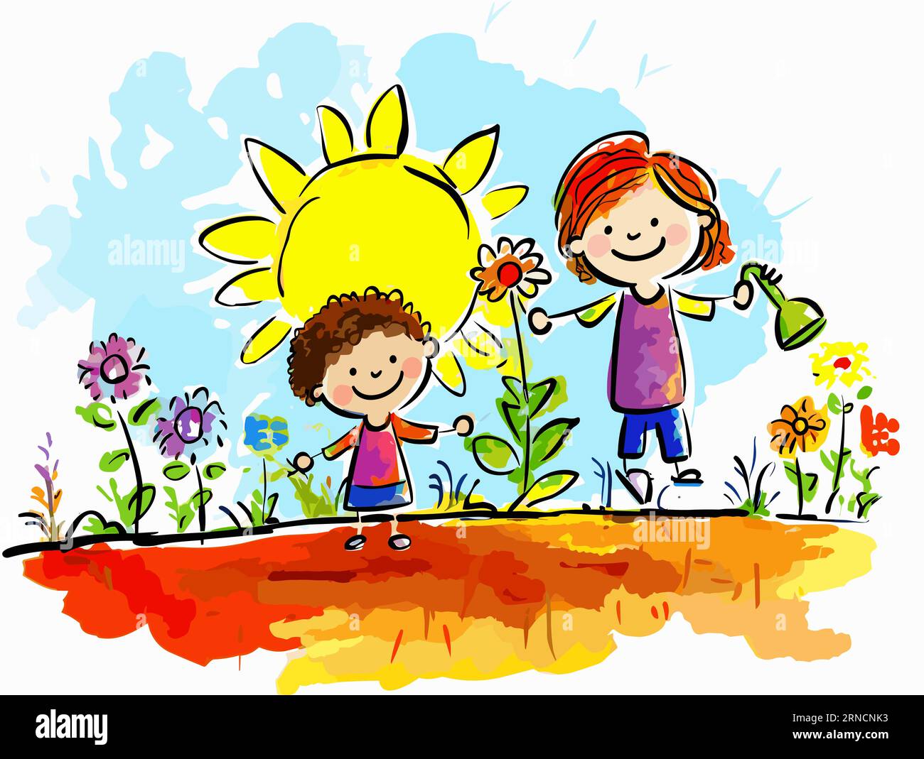 Enfants jouant dans Un jardin de fleurs avec le soleil, dans le style du dessin d'enfants, dessin animé coloré Illustration de Vecteur