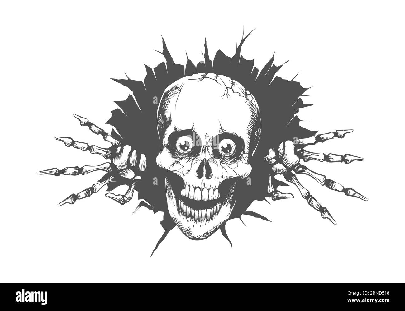 Monochrome Engraving Tattoo of Smiling Skull Looking Through a Hole isolated on white. Vector illustration Illustration de Vecteur