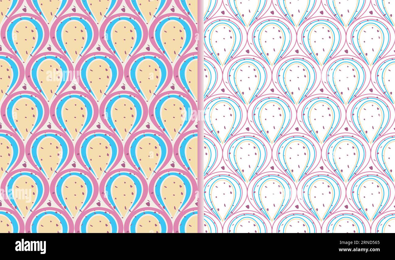 Ensemble de 2 motifs géométriques sans couture abstraits. Design créatif de style art moderne, couleur rose bleu jaune tons. Cercle, formes de bordure carrée. Moderne Illustration de Vecteur