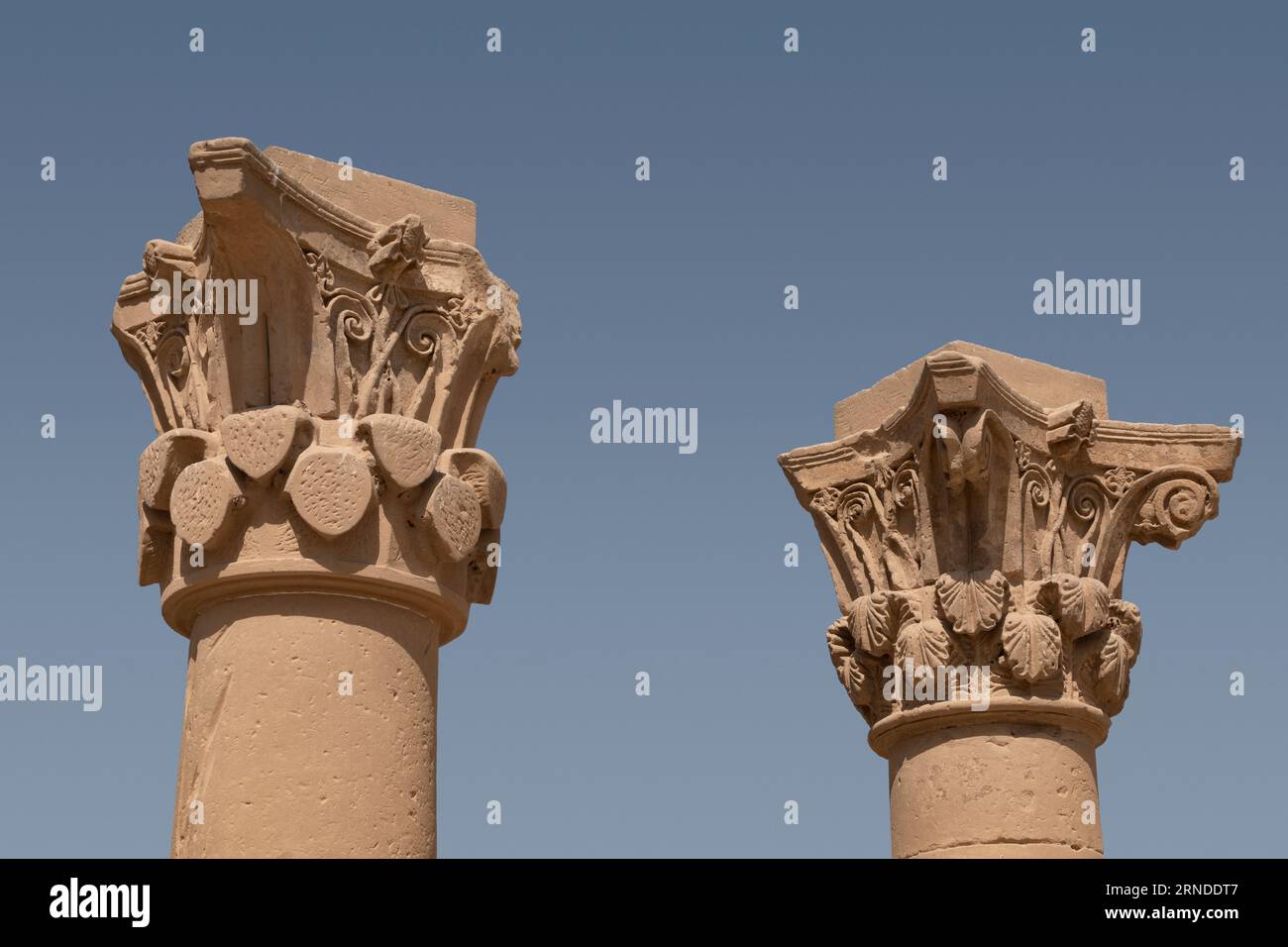 Chapiteaux de colonne décorés au temple de Hathor à Dendera, vallée du Nil, Égypte, Afrique du Nord Banque D'Images