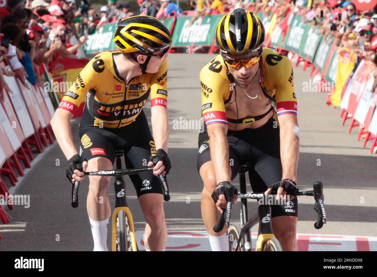 Le vainqueur du Tour de France, Vingegaard, à gauche, regarde en arrière pour voir les lacunes tandis que le vainqueur du Giro d'Italia Roglic vérifie son ordinateur lorsqu'ils franchissent la ligne après Banque D'Images