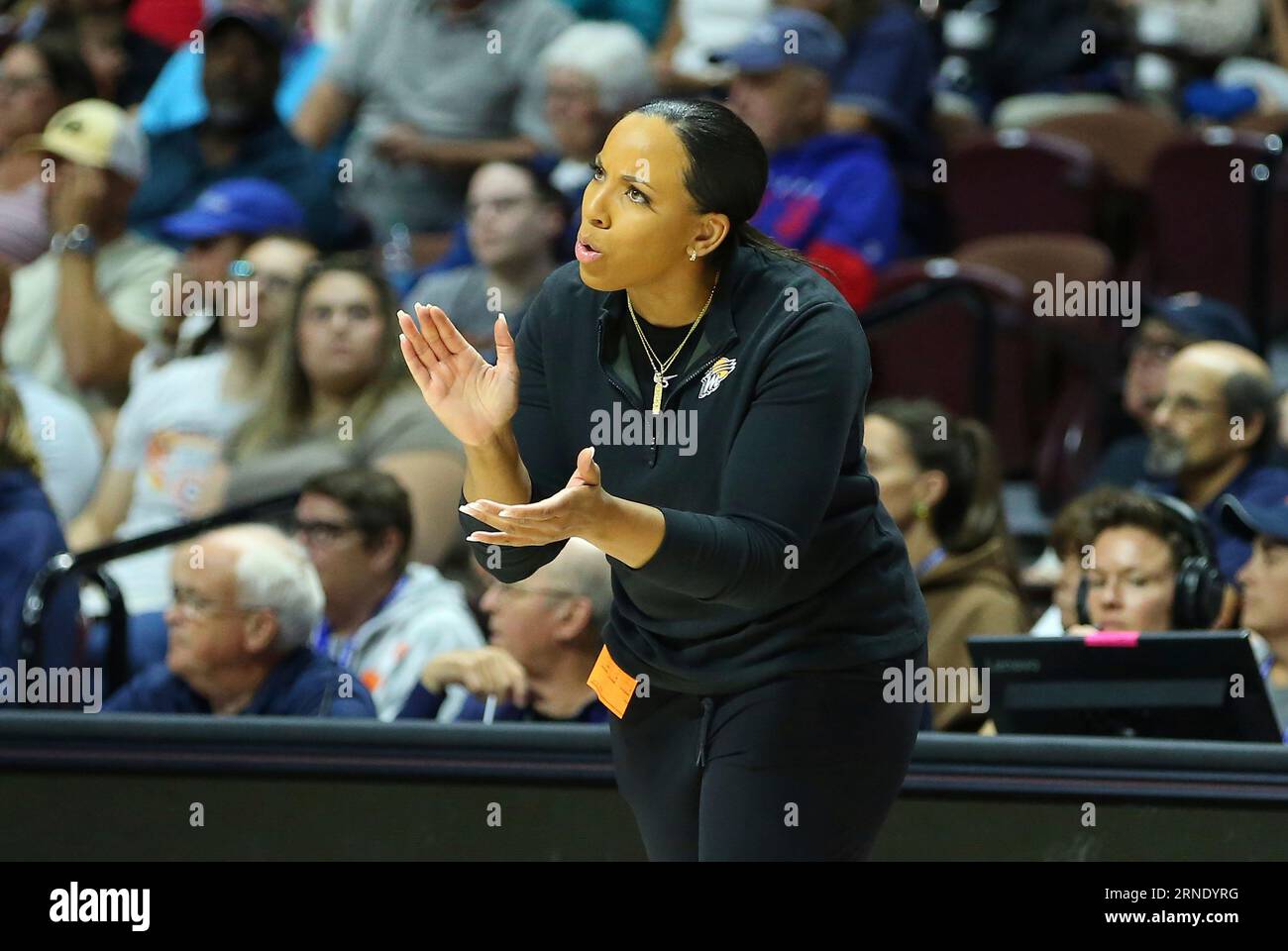 UNCASVILLE, CT - AUGUST 31: Phoenix Mercury interim head coach Nikki Blue encourages her team during a WNBA game between Phoenix Mercury and Connecticut Sun on August 31, 2023, at Mohegan Sun Arena in Uncasville, CT. (Photo by M. Anthony Nesmith/Icon Sportswire) (Icon Sportswire via AP Images) Banque D'Images