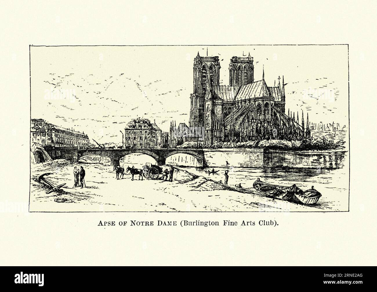 Gravure vintage de l'abside de notre Dame, Paris, 19e siècle Banque D'Images