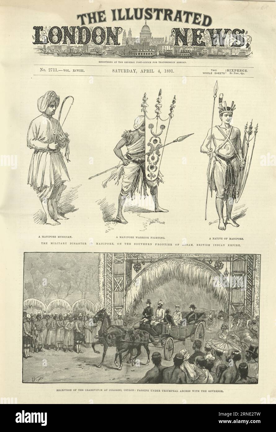 Natifs de Manipore et réception du Czarevitch à Colombo, Ceylan. Page d'accueil des nouvelles illustrées de Londres 4 avril 1891 Banque D'Images