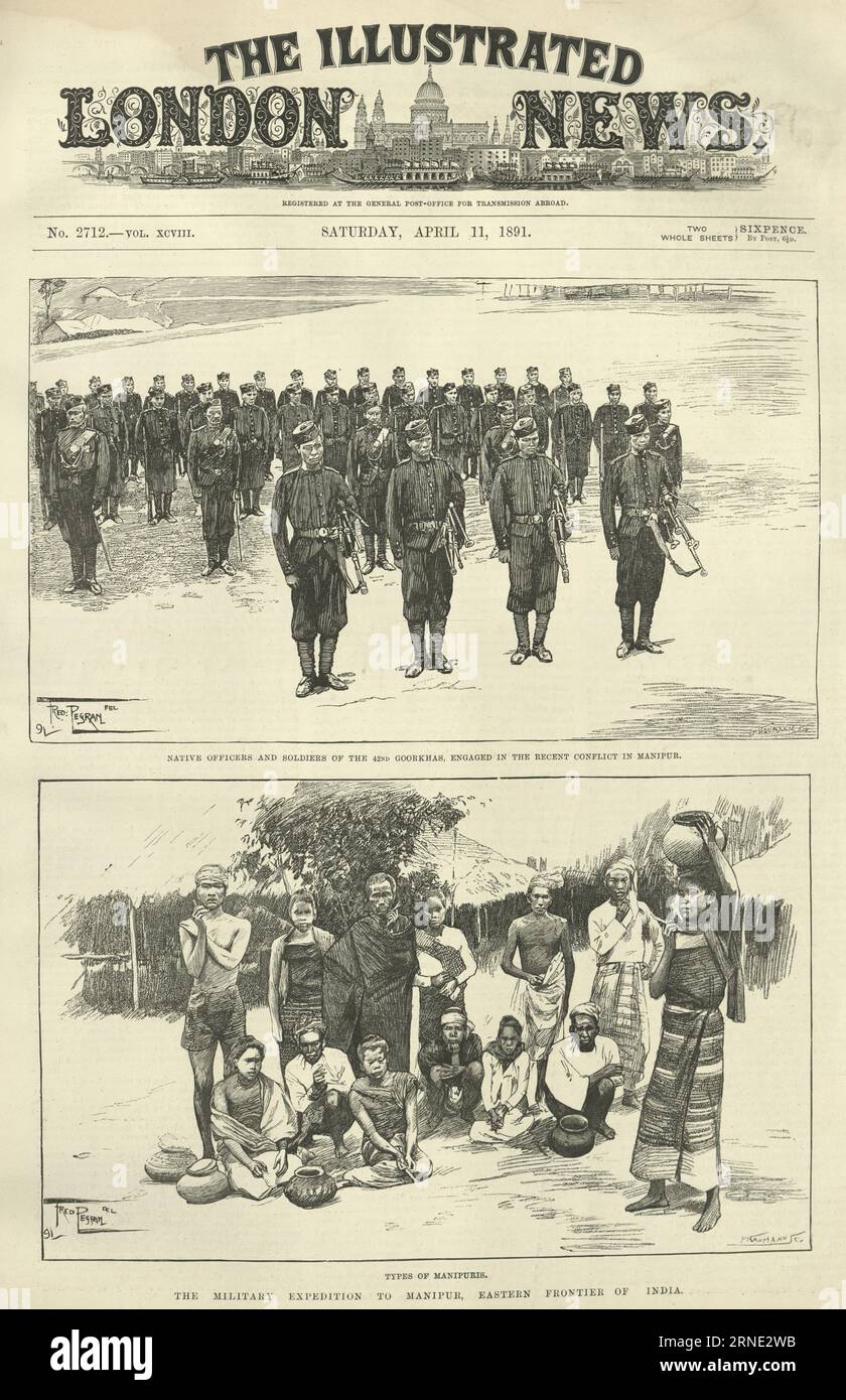 Soldats du 42e régiment d'infanterie légère de Goorkha (Gurkha) et indigènes du Manipur, Inde, 19e siècle Banque D'Images