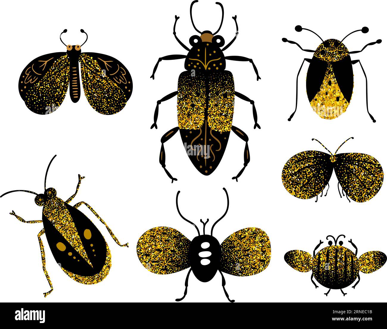 Mignons bugs doodle et illustration noire et dorée de vecteur de mite. Collection d'été enfants de dessin animé enfants personnages enfantin ensemble d'insectes Illustration de Vecteur
