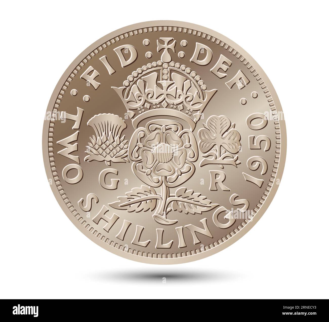 Vector monnaie britannique pièce d'or deux shillings, roi George VI florin avec rose couronnée, chardon et shamrock, Rosa Tudor - emblème de l'Angleterre. Vecteur. Illustration de Vecteur