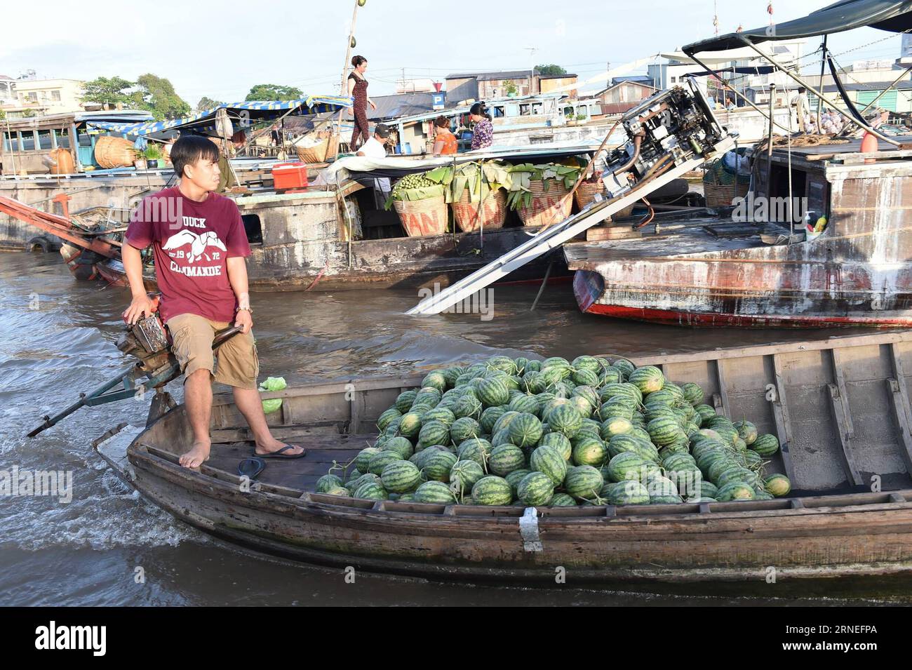 (160621) -- CAN THO, 21 juin 2016 -- Un vendeur vietnamien vend des pastèques dans le plus grand marché flottant de CAN Tho, Cai rang, Vietnam, 21 juin 2016. CAN Tho, à environ 170 km de Ho Chin Minh-ville dans le delta du Mékong, est célèbre pour ses marchés flottants où les gens peuvent acheter des fruits, des produits agricoles et des collations.) VIETNAM-CAN THO-MARCHÉ FLOTTANT LexYanna PUBLICATIONxNOTxINxCHN 160621 CAN Tho juin 21 2016 un vendeur vietnamien vend des pastèques à CAN Tho S le plus grand marché flottant Cai Rank Vietnam juin 21 2016 CAN Tho environ 170 km de Ho Chin Minh ville dans le delta du Mékong EST célèbre pour son F. Banque D'Images