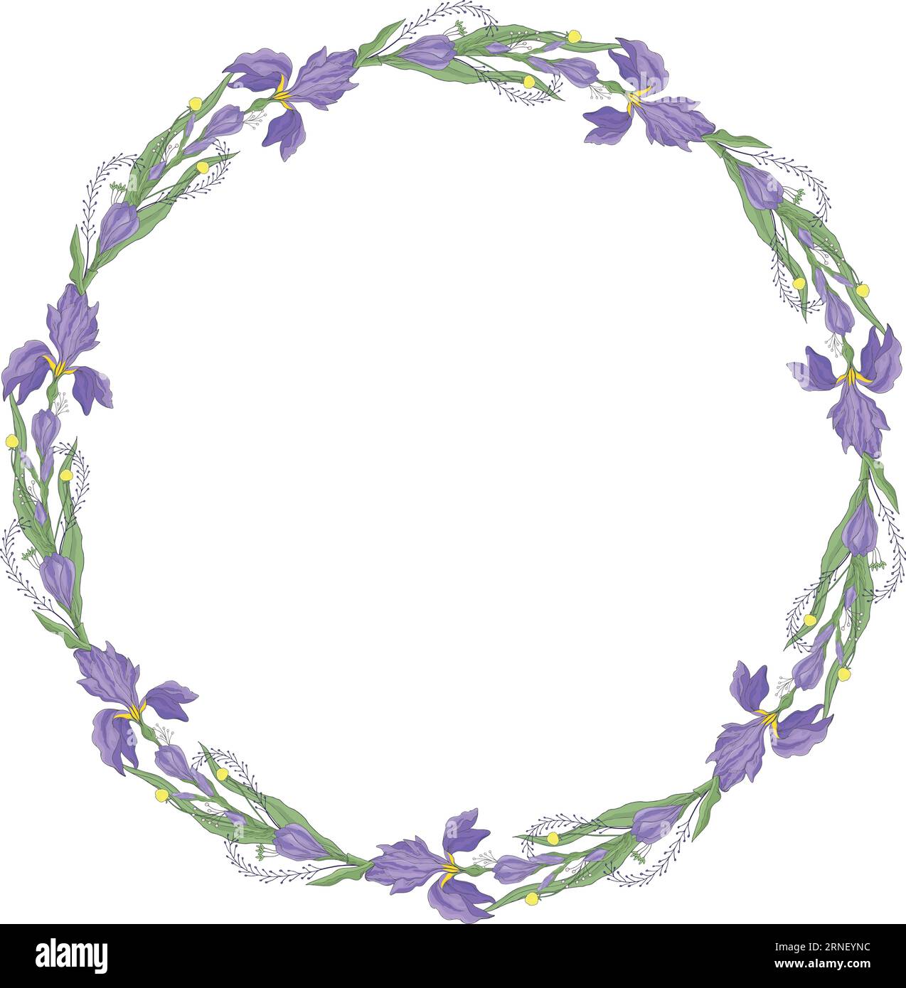 Gabarit de couronne de fleurs d'iris. Vecteur cadre rond floral dessiné à la main isolé sur fond blanc. Pour les cartes, invitations, enregistrez les cartes de date Illustration de Vecteur