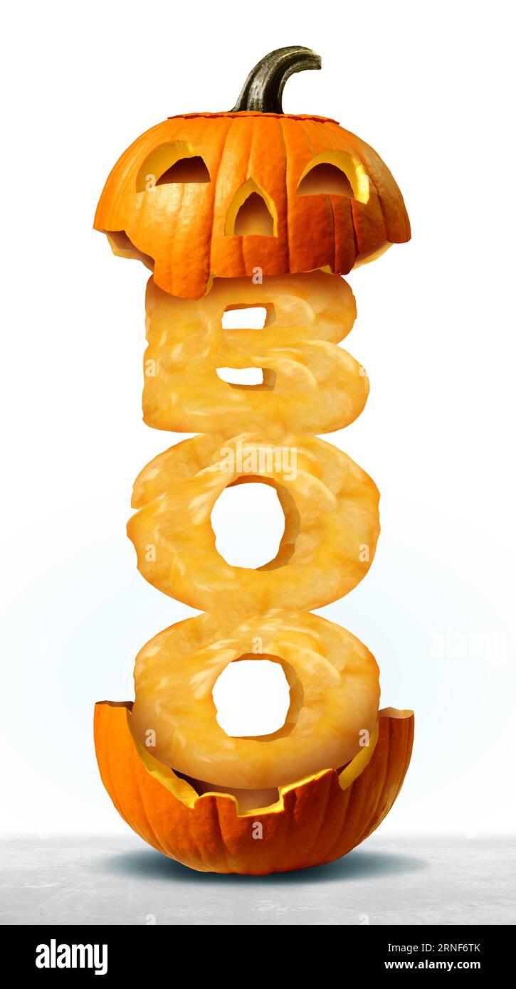 Halloween Boo Pumpkin Jack O Lantern comme un drôle de personnage orange effrayante avec du texte sculpté comme un message marketing avec une expression effrayante Banque D'Images
