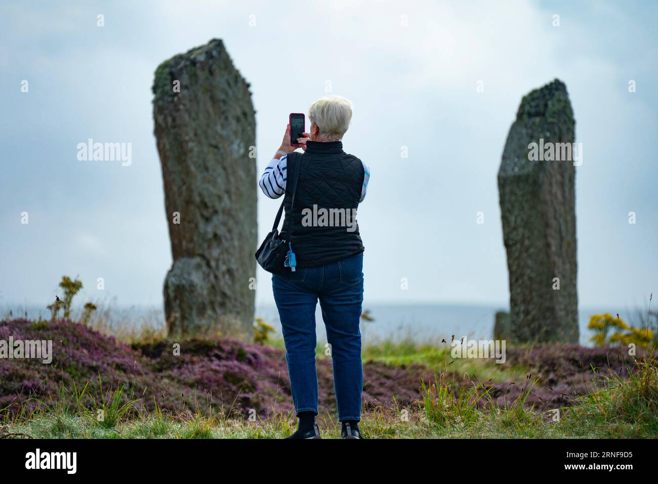 Stromness, Orcades, Écosse, Royaume-Uni. 1 septembre 2023. Les touristes américains venus visiter les navires de croisière amarrés à Kirkwall visitent le cercle de pierre néolithique de l'anneau de Brodgar sur les Orcades. Les habitants craignent que les navires de croisière amènent trop de touristes dans les îles et que les infrastructures actuelles ne puissent pas y faire face. Iain Masterton/Alamy Live News Banque D'Images