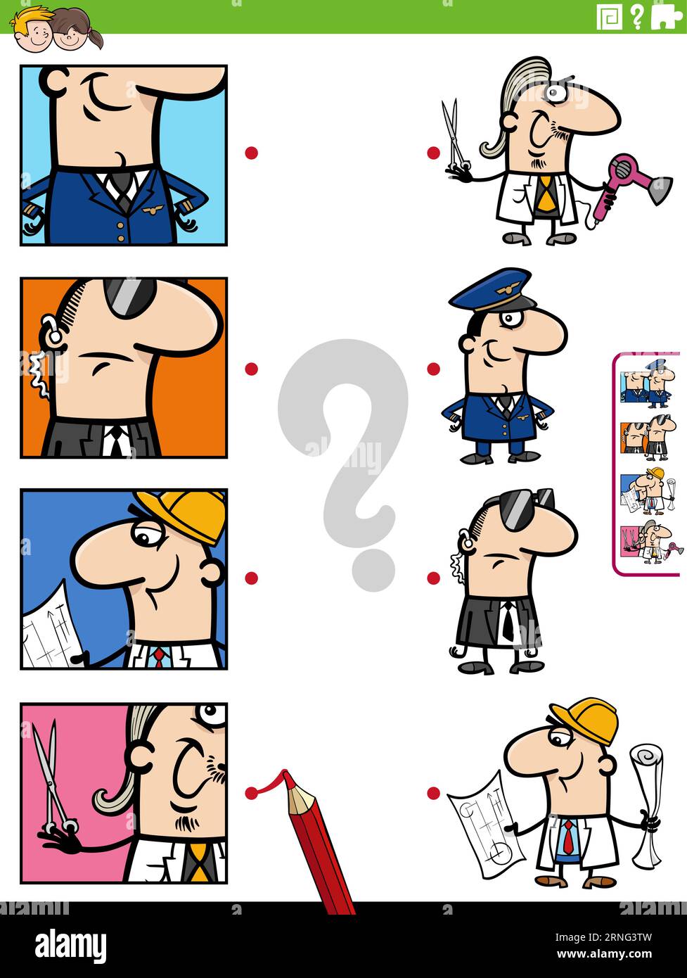 Illustration de dessin animé de la tâche éducative de correspondance avec les personnages de personnes et leurs occupations avec des coupures de photos Illustration de Vecteur