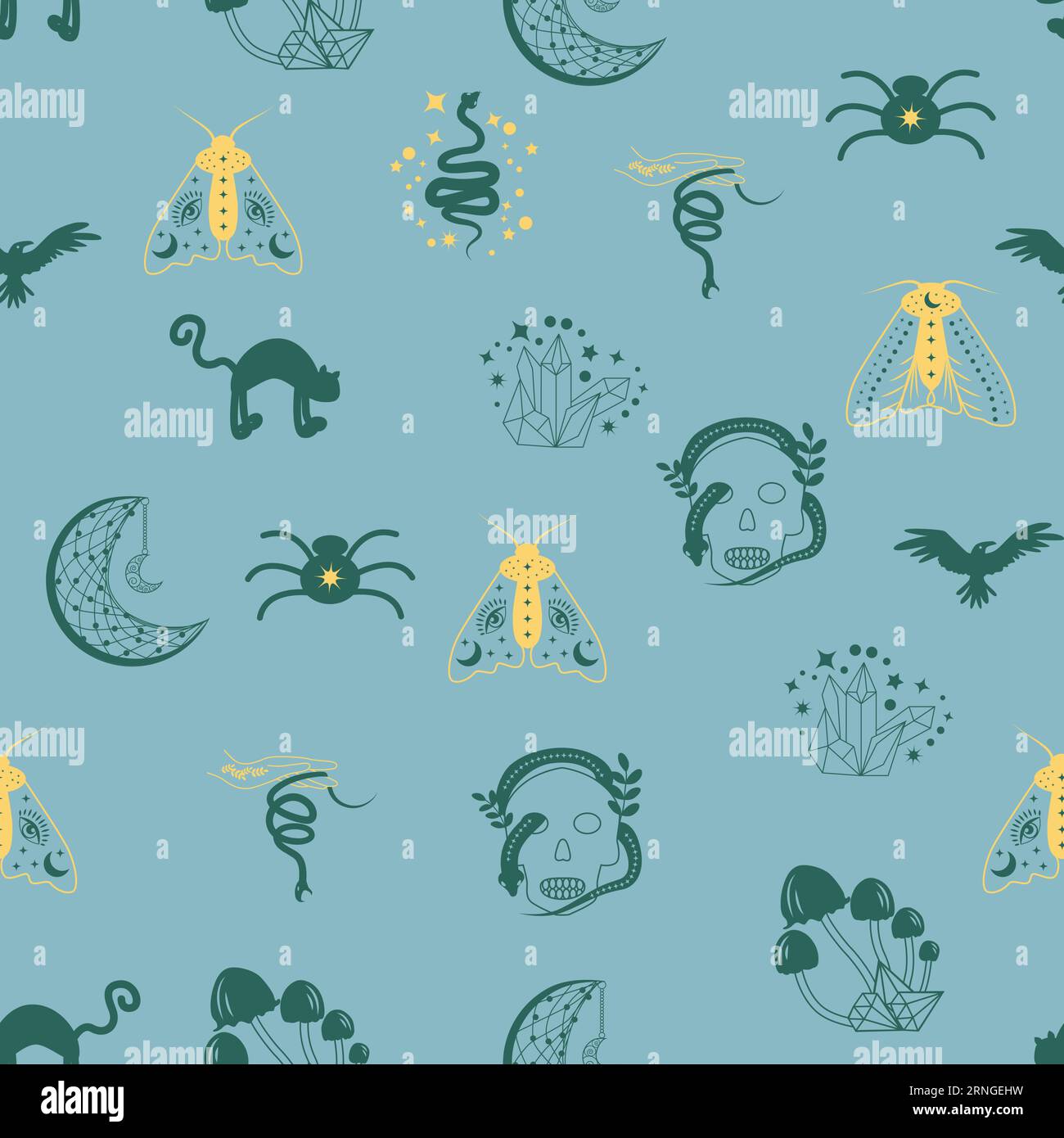 Motif sans couture magique et céleste, avec des éléments magiques tels que serpent, oeil, cartes de tarot, main, crâne, potion, lune, papillon, champignons, étoiles. Symb Illustration de Vecteur