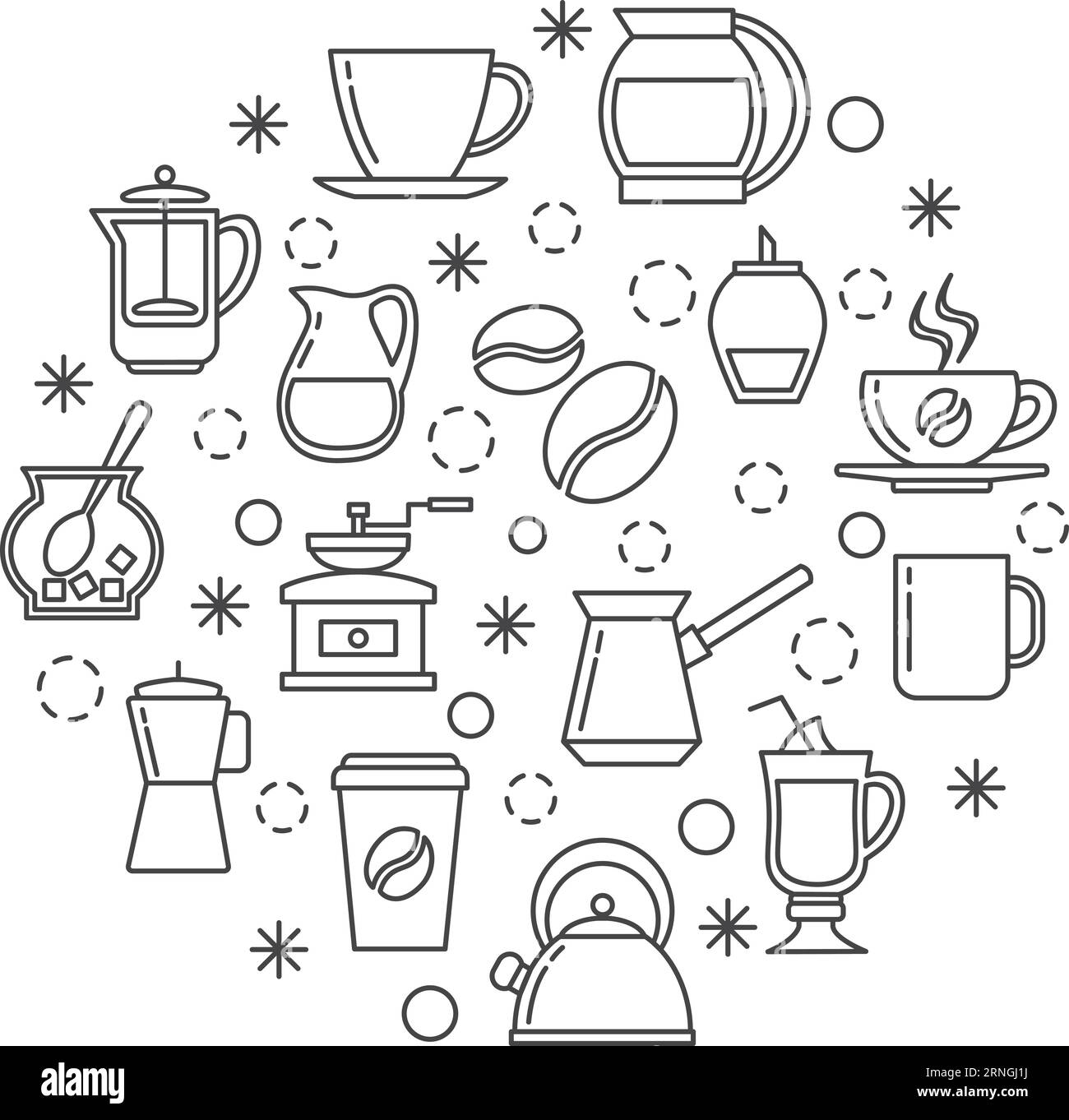 Outils de fabrication de café en composition circulaire. Icônes de ligne Illustration de Vecteur