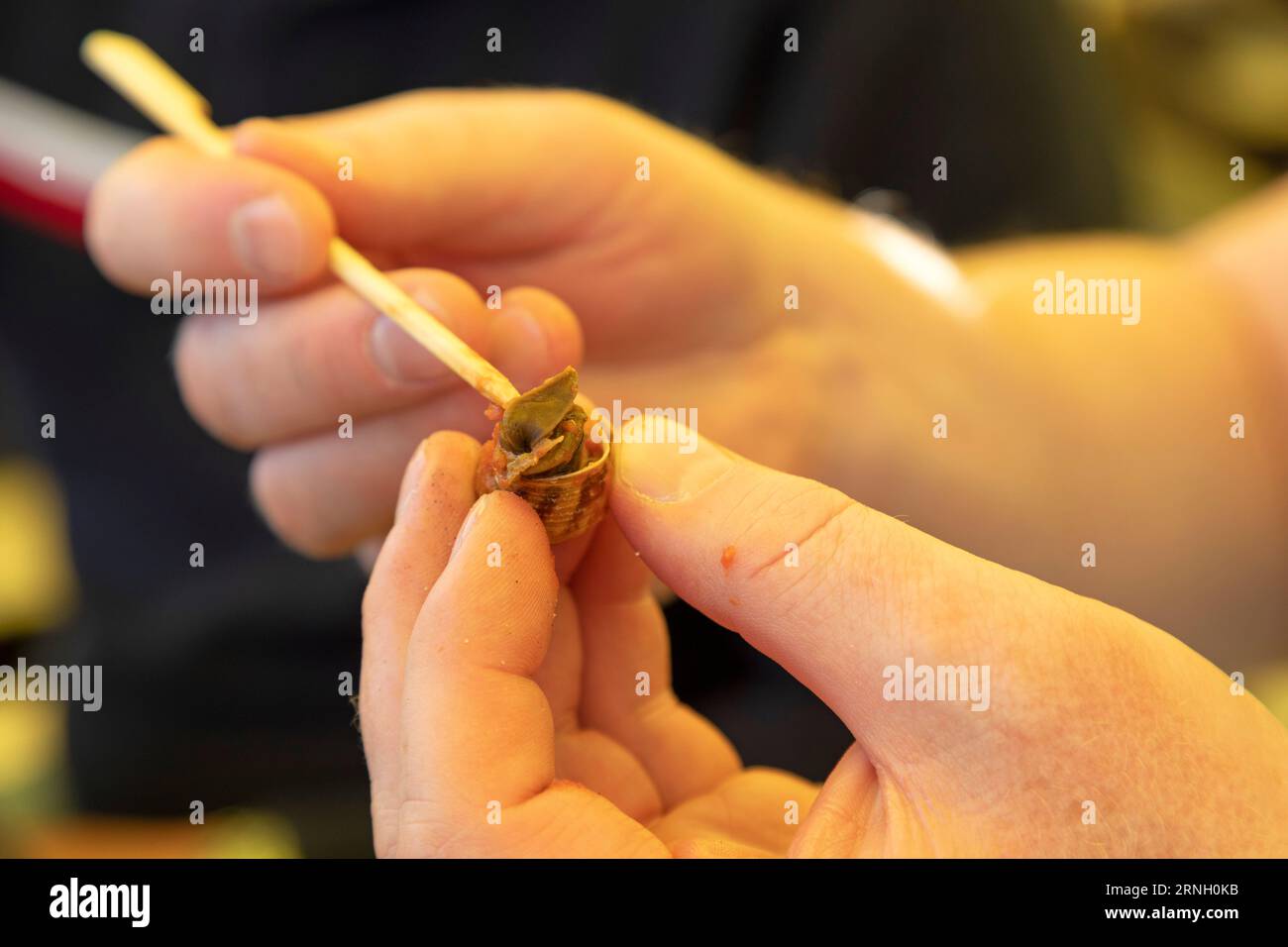 Une personne choisit un escargot de sa coquille à la Valette, Malte. Le plat est connu sous le nom de bebbux bl-arjoli et comprend une sauce tomate garliquée. Banque D'Images