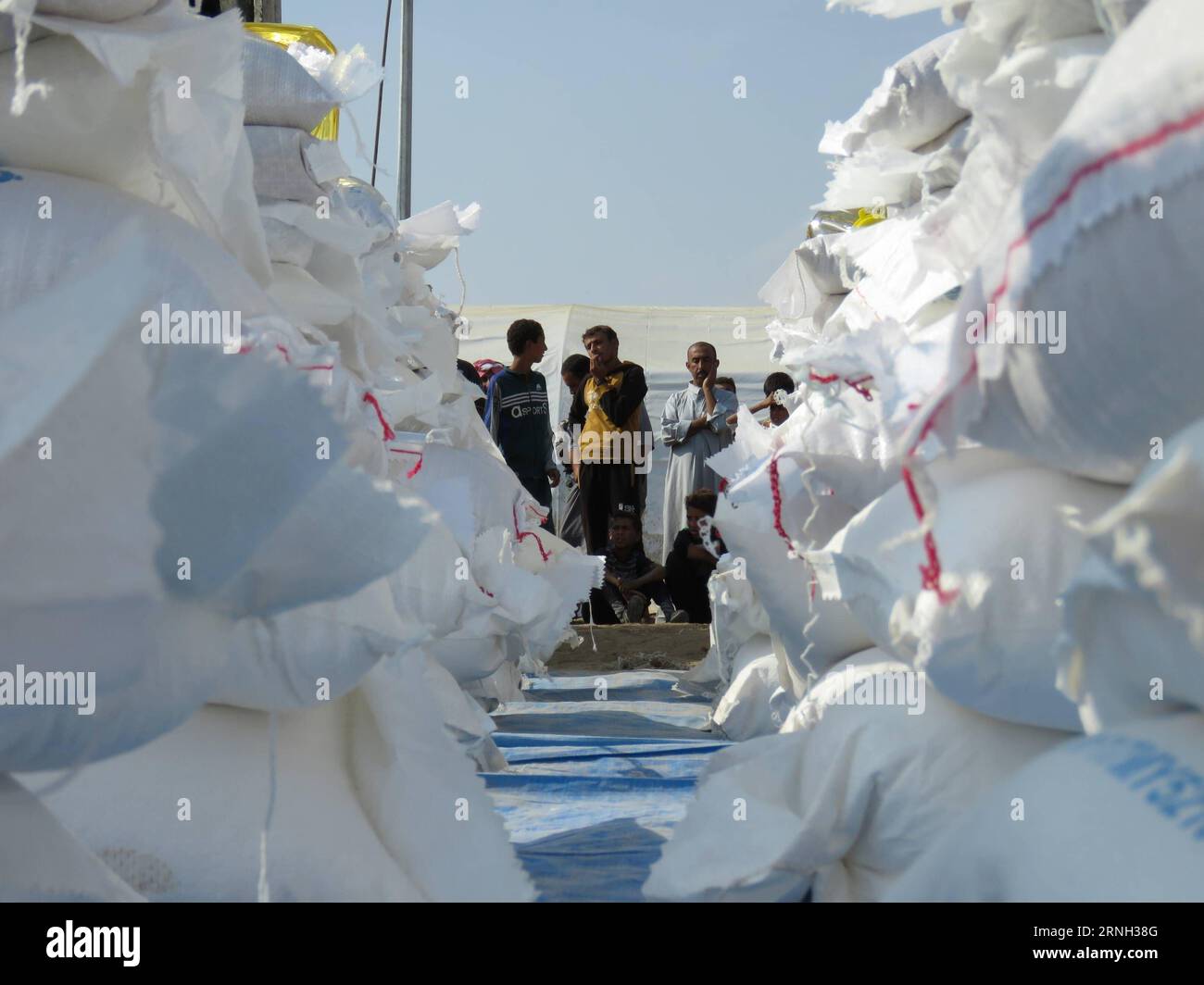 (161025) -- QAYYARAH, 25 octobre 2016 -- des personnes du camp de Jadah reçoivent de la nourriture dans la ville de Qayyarah, dans le sud de Mossoul, en Irak, le 25 octobre 2016. Stéphane Dujarric, Bureau de la coordination des affaires humanitaires des Nations Unies (OCHA), a déclaré mardi aux journalistes que près de 9 000 000 personnes sont déplacées à l’intérieur du pays à la suite de l’opération militaire de Mossoul en Irak. Lise Grande, la coordinatrice humanitaire des Nations Unies pour l'Irak, a déclaré que les opérations militaires pour reprendre Mossoul pourraient déclencher la plus grande crise humanitaire en 2016, car la situation sécuritaire dans la région limite la capacité des agences d'aide à fournir de l'aide. IRAQ-QAYYARA Banque D'Images