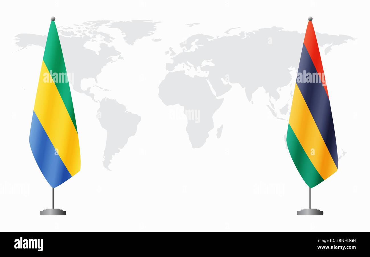 Drapeaux du Gabon et de Maurice pour la réunion officielle sur fond de carte du monde. Illustration de Vecteur