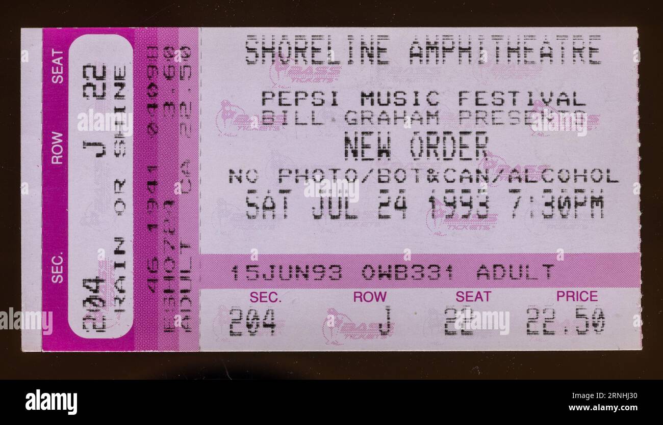 Mountain View, Californie - 24 juillet 1993 - ancien talon de billet utilisé pour le concert New Order au Shoreline Amphitheatre Banque D'Images