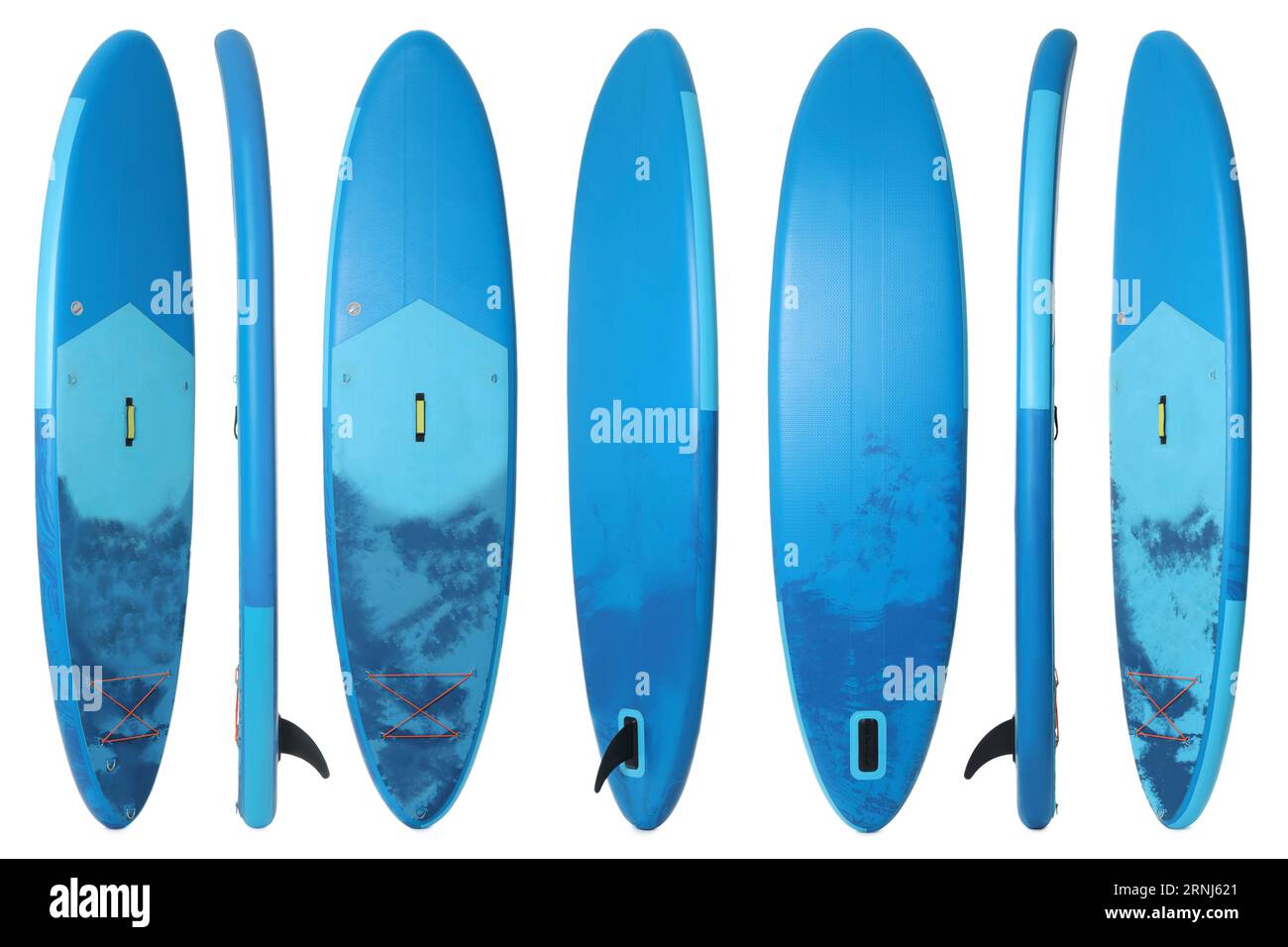 Collage avec planche SUP avec paddle isolé sur blanc, différents côtés Banque D'Images