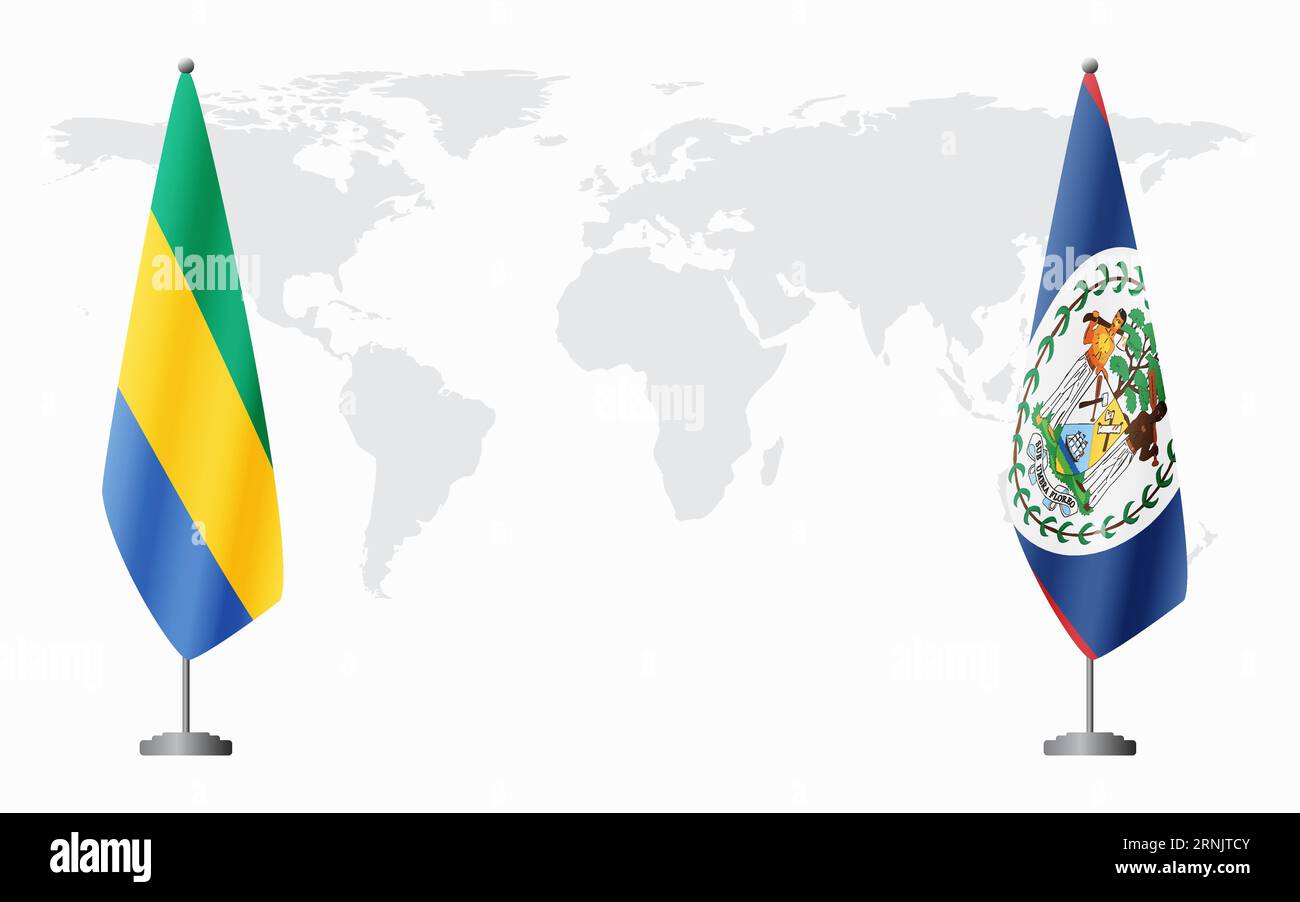 Drapeaux du Gabon et du Belize pour la réunion officielle sur fond de carte du monde. Illustration de Vecteur