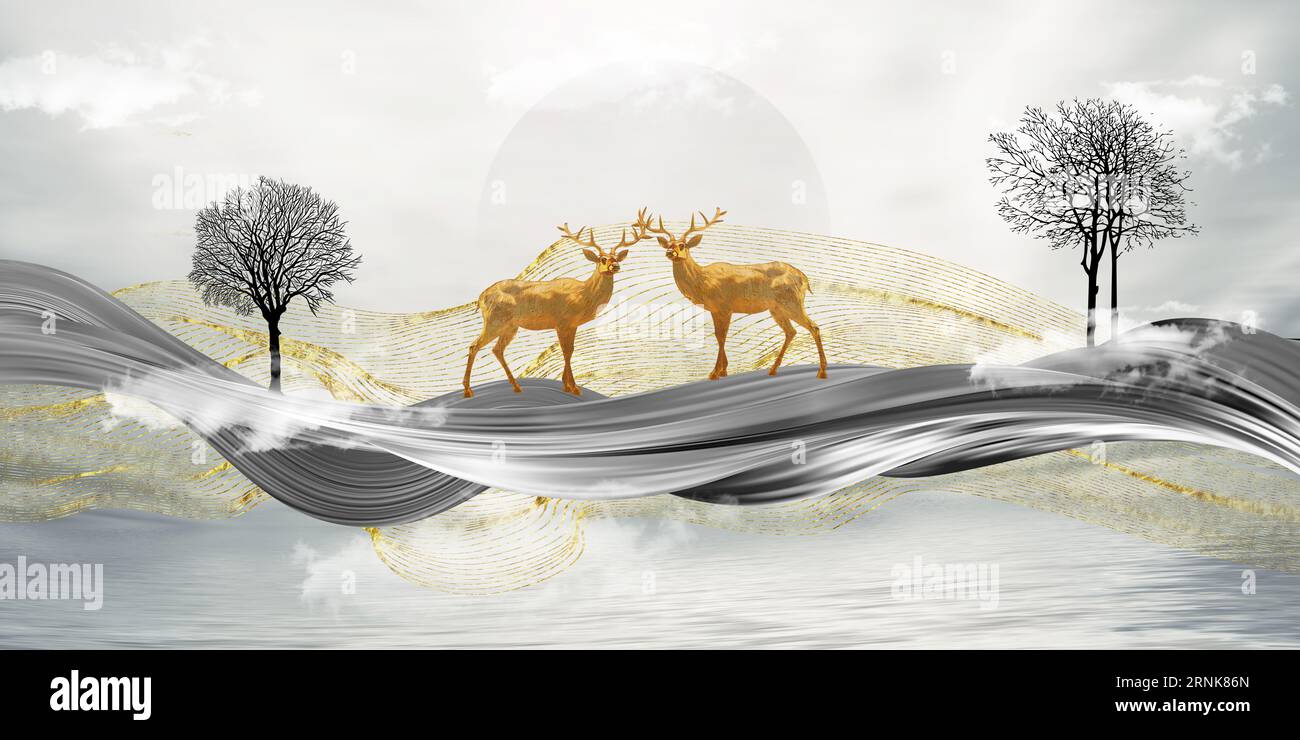 Papier peint mural 3D Modern Landscape art avec un arbre noir de Noël, des lignes dorées, des cerfs, des nuages et des montagnes et des oiseaux sur un fond gris. Banque D'Images