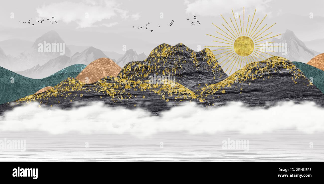 illustration 3d papier peint paysage art. Montagnes noires, dorées et grises avec soleil, oiseaux sur un fond gris clair avec des nuages blancs. Banque D'Images