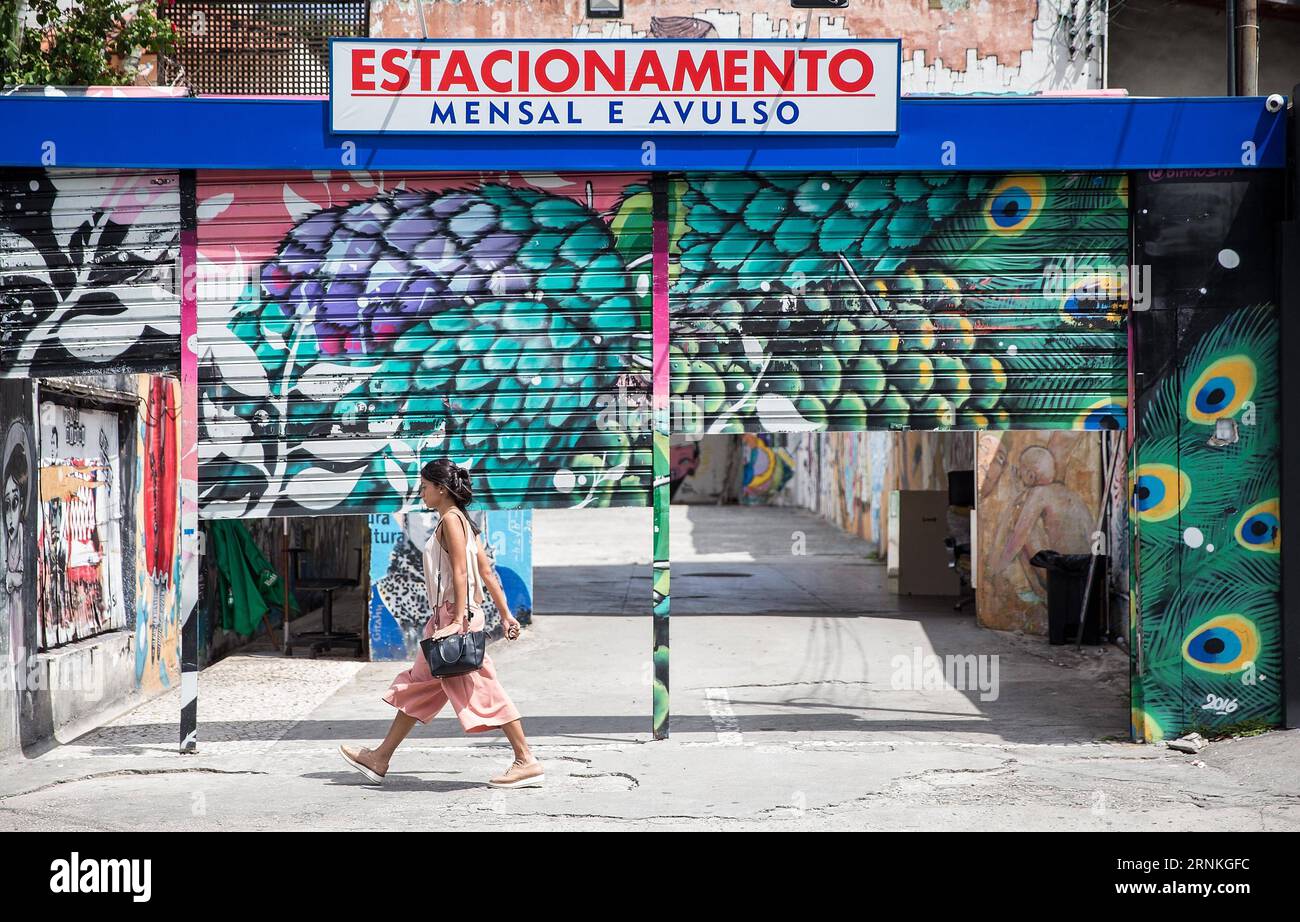 (170330) -- SAO PAULO, le 30 mars 2017 -- Une femme passe le 29 mars 2017 devant un parking de la Batman s Alley à Sao Paulo, Brésil. Batman s Alley est une destination touristique populaire en raison de la forte concentration de graffitis qui bordent les rues.) (Sxk) BRÉSIL-SAO PAULO-GRAFFITI LixMing PUBLICATIONxNOTxINxCHN Sao Paulo Mars 30 2017 une femme marche près d'un parking À la Batman S Alley à Sao Paulo Brésil Mars 29 2017 Batman S Alley EST une destination touristique populaire en raison de la concentration dense de Graffiti Thatcher Line les rues sxk Brésil Sao Paulo Graffiti LixMing PUBLICA Banque D'Images