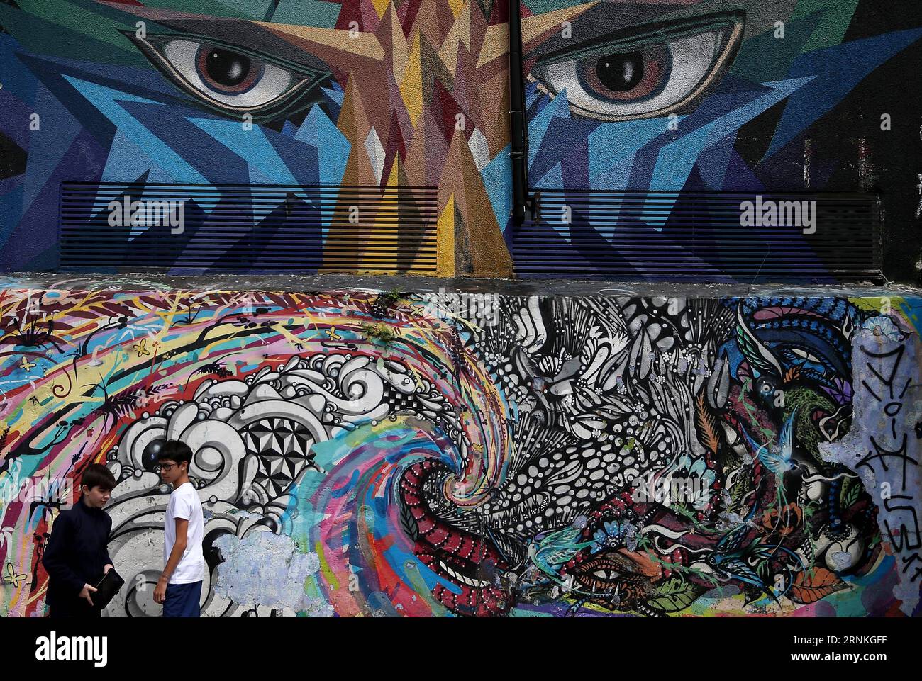 (170330) -- SAO PAULO, 30 mars 2017 -- deux garçons se tiennent devant un mur avec des graffitis à la Batman s Alley à Sao Paulo, Brésil, le 29 mars 2017. Batman s Alley est une destination touristique populaire en raison de la forte concentration de graffitis qui bordent les rues.) (Sxk) BRÉSIL-SAO PAULO-GRAFFITI LixMing PUBLICATIONxNOTxINxCHN Sao Paulo Mars 30 2017 deux garçons debout devant un mur avec graffiti À la Batman S Alley à Sao Paulo Brésil Mars 29 2017 Batman S Alley EST une destination touristique populaire en raison de la forte concentration de Graffiti Thatcher Line les rues sxk Brésil Banque D'Images