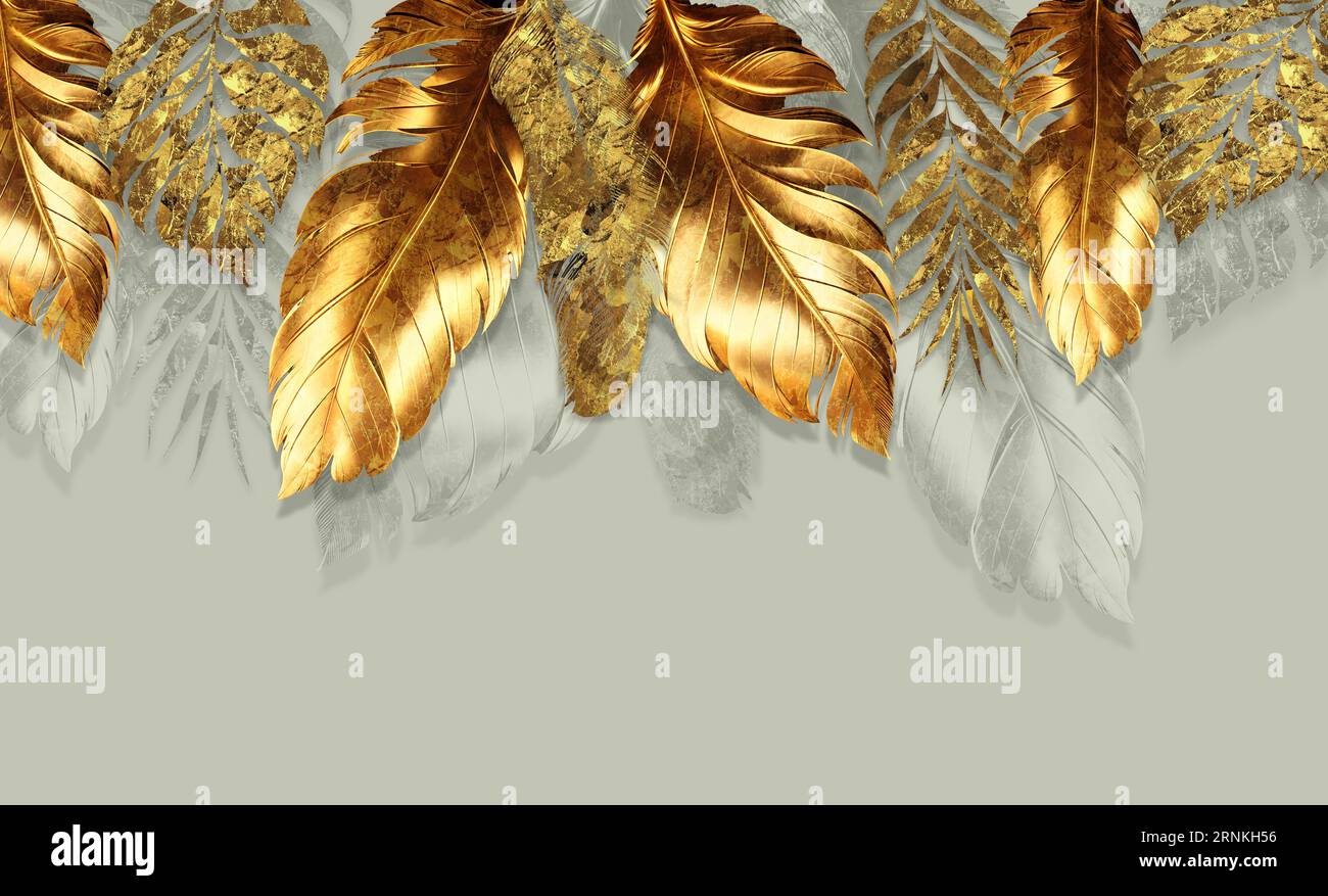 papier peint classique 3d. feuilles d'arbre de branches dorées dans le dessin de fond mural pour la décoration de chambre Banque D'Images