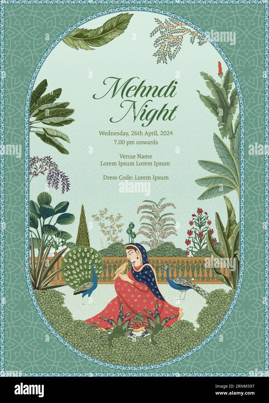 Motif carte de mariage moghol indien traditionnel. Carte d'invitation pour l'illustration vectorielle d'impression de nuit Mehedi. Illustration de Vecteur